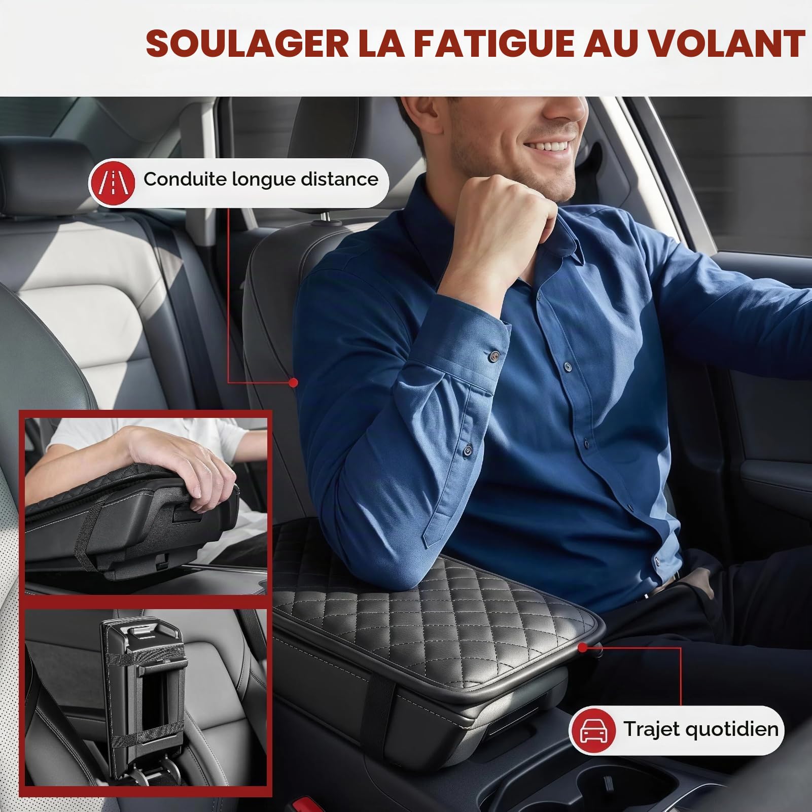 Coussin Accoudoir Voiture Amélioré avec Housse de Console Centrale Voiture en Cuir Noir,Accessoire Universel avec Poches de Rangement, Confort et Praticité pour Voitures Hauteur Augmentée de 1,5cm