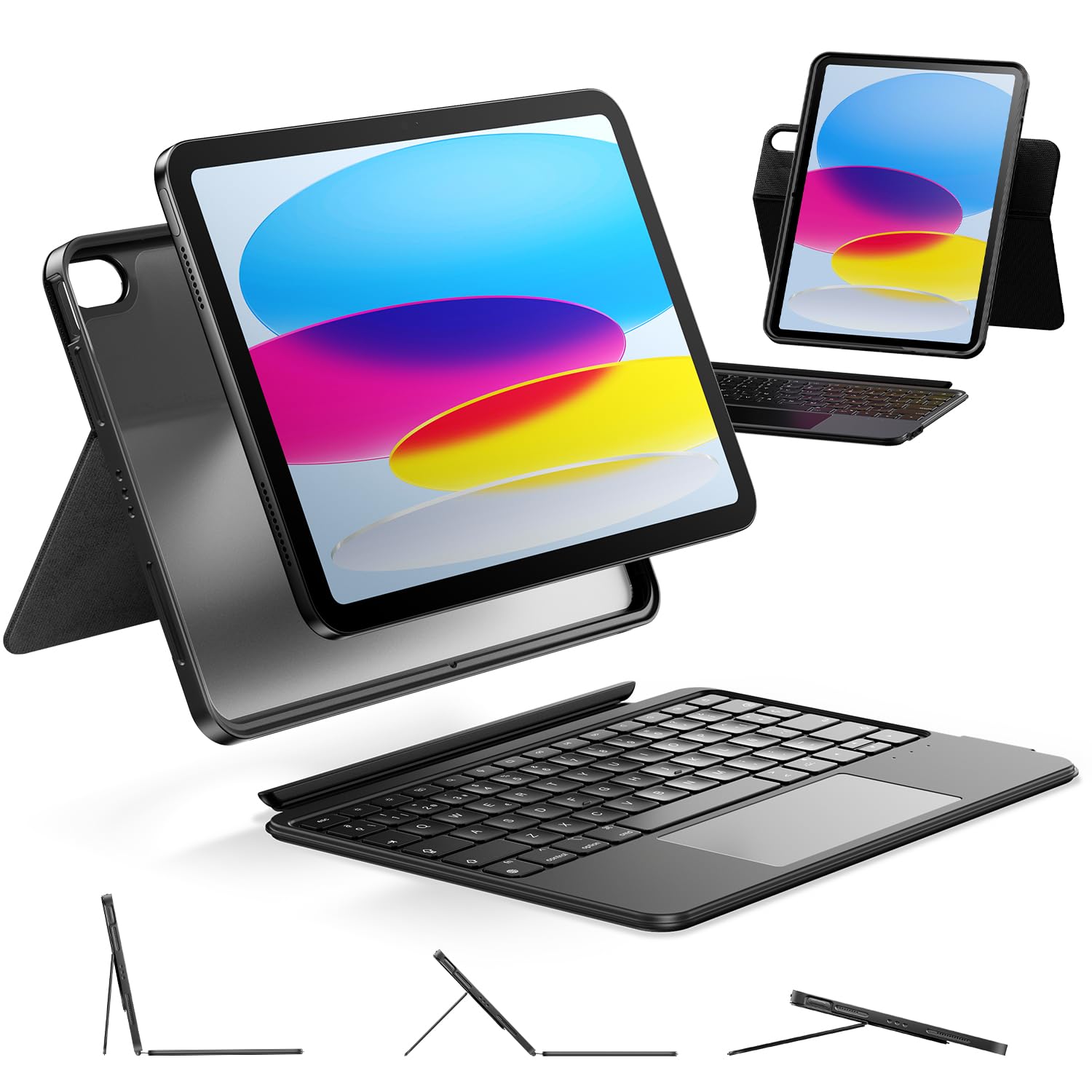 HOU iPad A16 11th/10th Generation Case with Keyboard, Rotatable Detachable Keyboard for iPad 11/10, Elastic Pen Holder, Full Protection Cover, Backlight, Trackpad