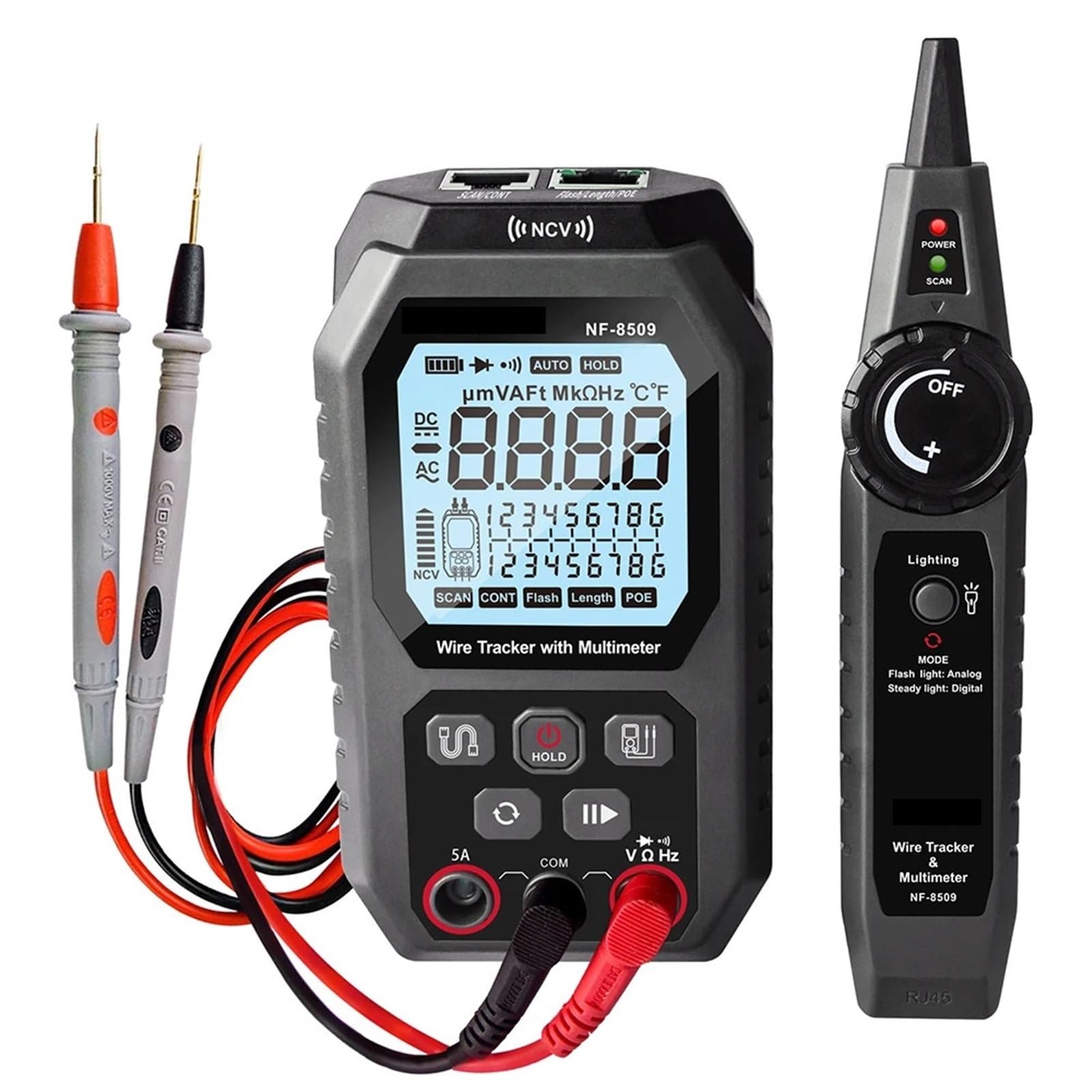 Tester kabli, Tester multimetru 2 w 1, lokalizator kabli sieciowych do testowania POE, śledzenie przewodów NCV AC DC LCD