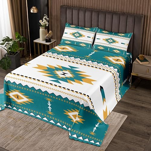Erosebridal Juego de edredón bohemio de celosía tamaño King, juego de colcha azteca, bohemio, navajo, étnico, retro, amarillo, a rayas, exótico,