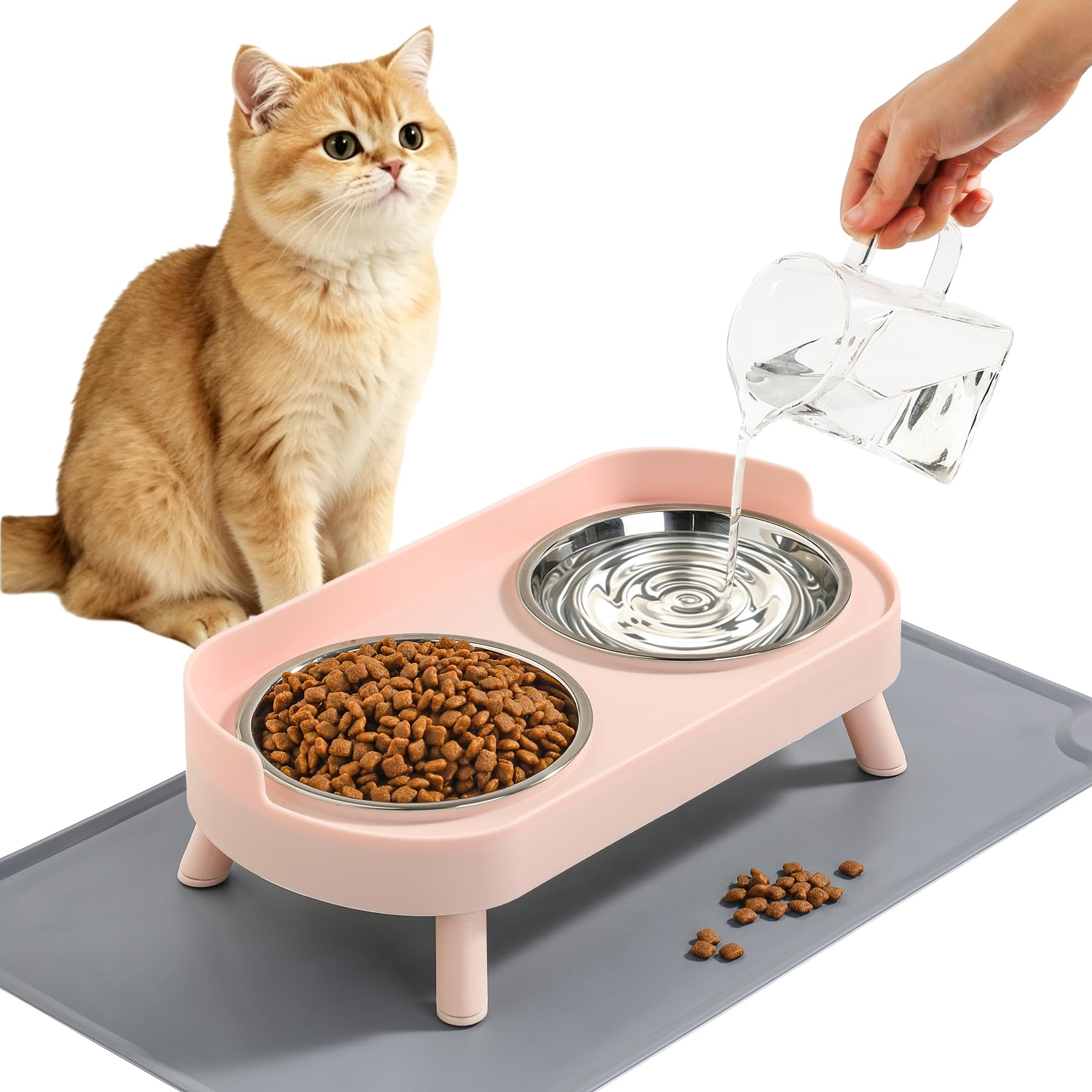 LoeJan Elevated Cat Bowls Set - Raised Cat Food and Water Bowl Set with Non Slip Stand - Pet Feeding Station with 2 Stainless Steel Bowls with Splash Proof Guard