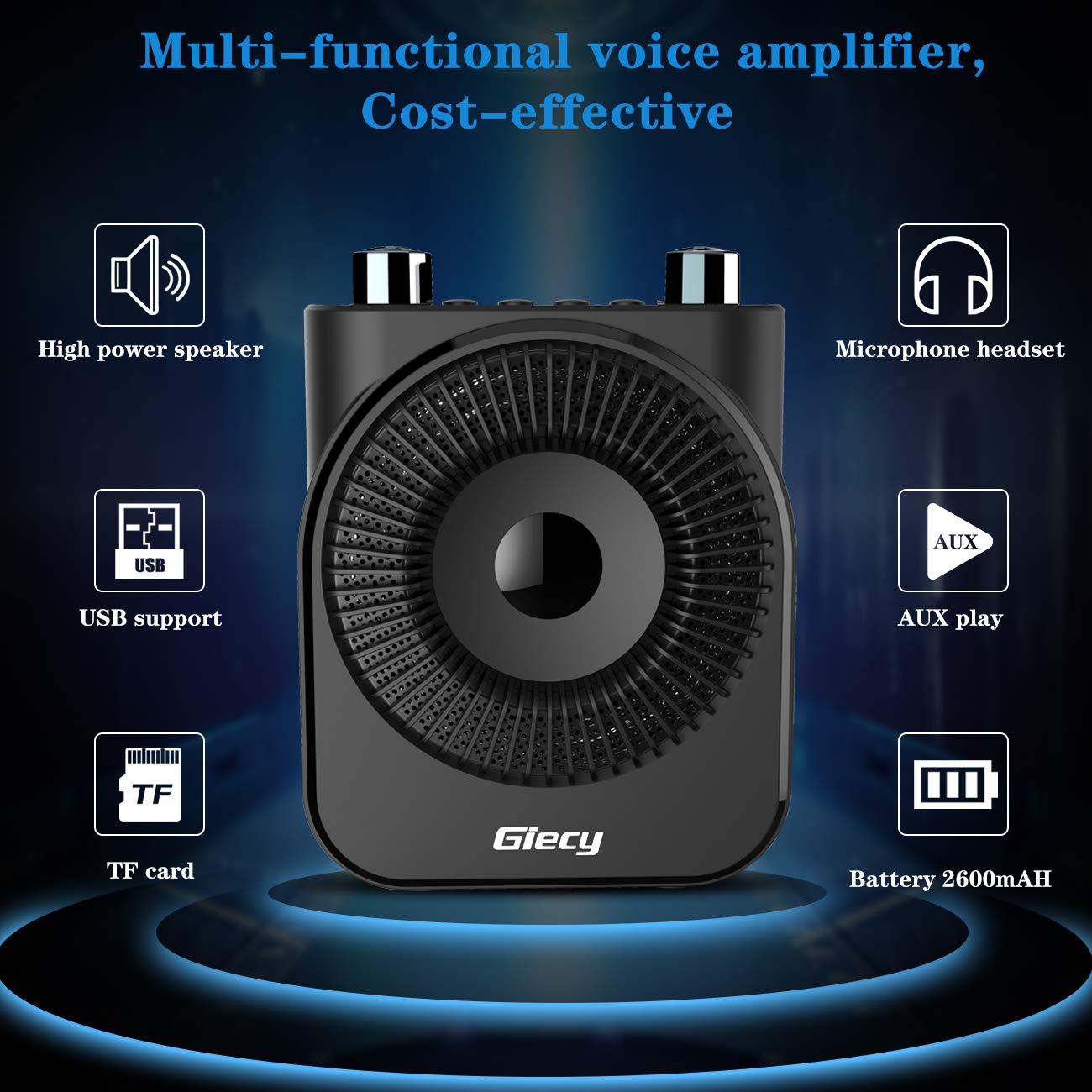 Amplificateur de Voix Portable avec Microphone, Batterie Rechargeable 2800mAh,système de sonorisation pour Enseignants, Guides touristiques, entraîneurs, instructeurs de Yoga