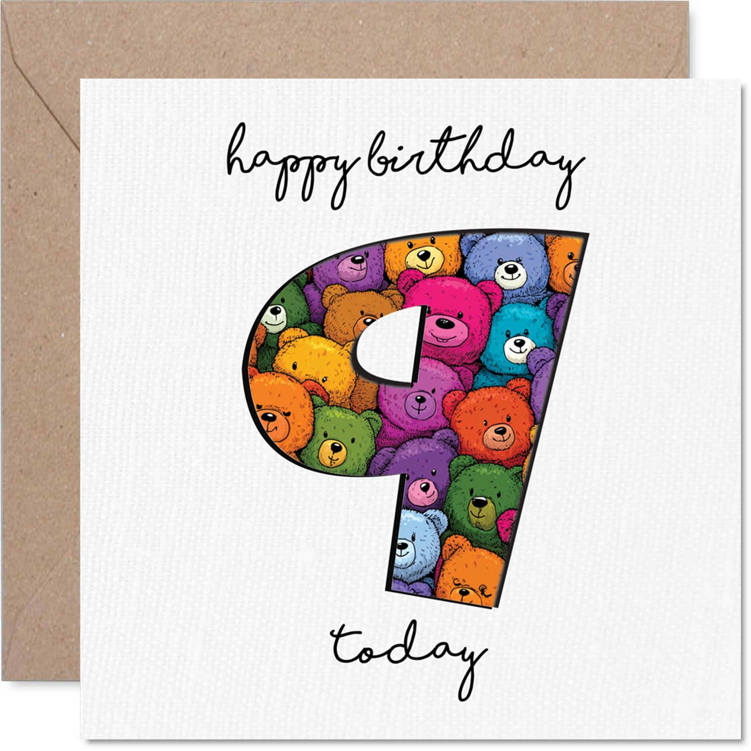 Playful 9th Birthday Card - Big Birthday Smiles - Colourful Bear-filled Number 9 Design - Bursting with Cheerful Party Vibes - 145mm Square, Envelope Included