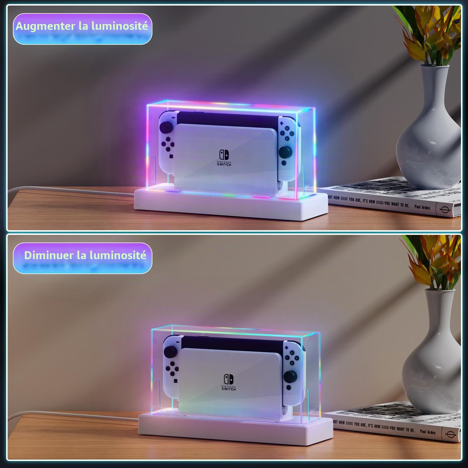 Anti Poussière Housse de Protection pour Nintendo Switch/Switch OLED,Coque Étui Dock de Protection Rayures Étanche pour Accessoire Switch/Switch OLED avec 16 Couleurs LED Lumière-Transparent