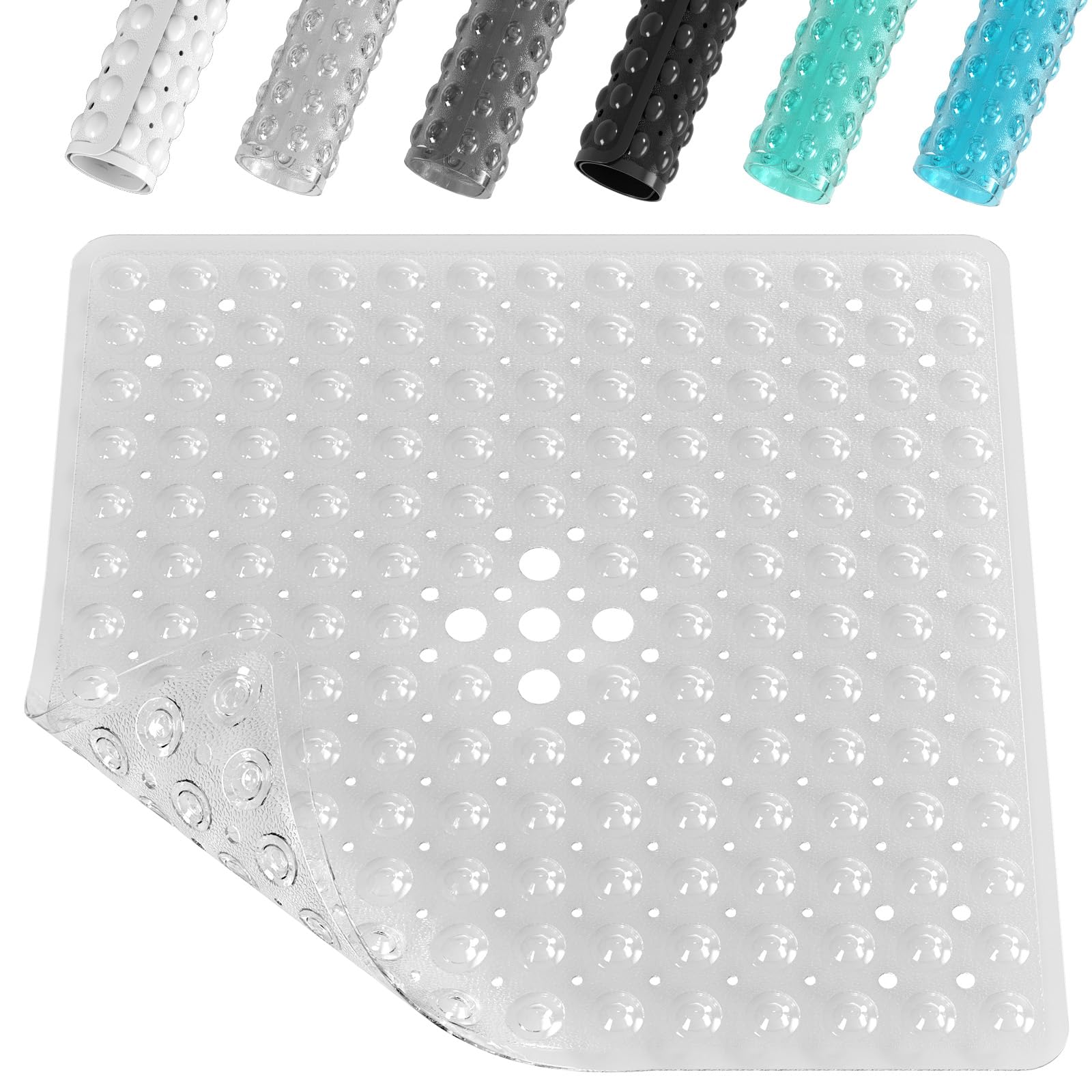 XIYUNTE Shower Mat Non Slip Anti Mould - 53 x 53cm Square Bath Mat Non Slip Shower Mats for Inside Shower, Anti Slip Shower Mat with Strong Suction Cups & Drain Holes, Machine Washable, Clear
