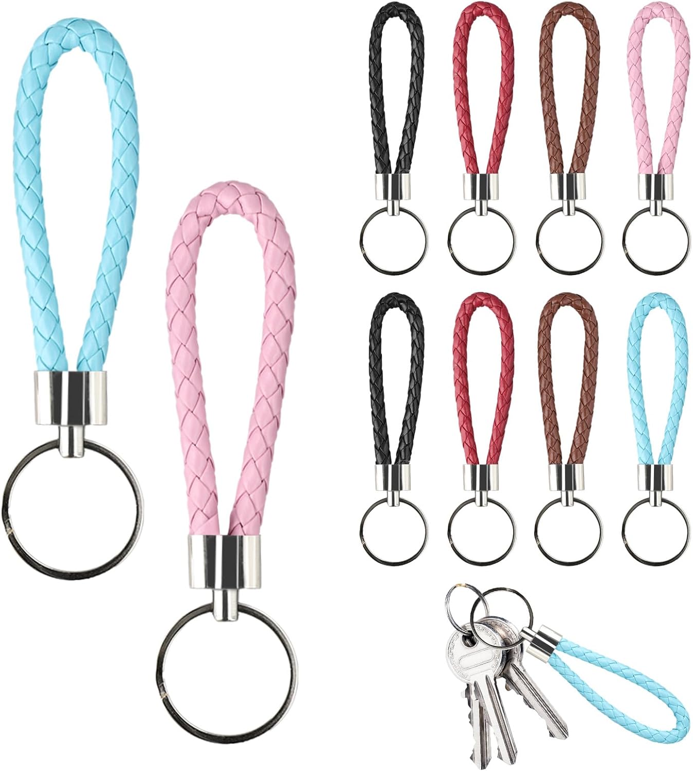 10 Pack Colorful Braided PU Leather Keychains - Durable Zinc Alloy Key Fobs for Car Keys, Bags, Purses, Backpacks