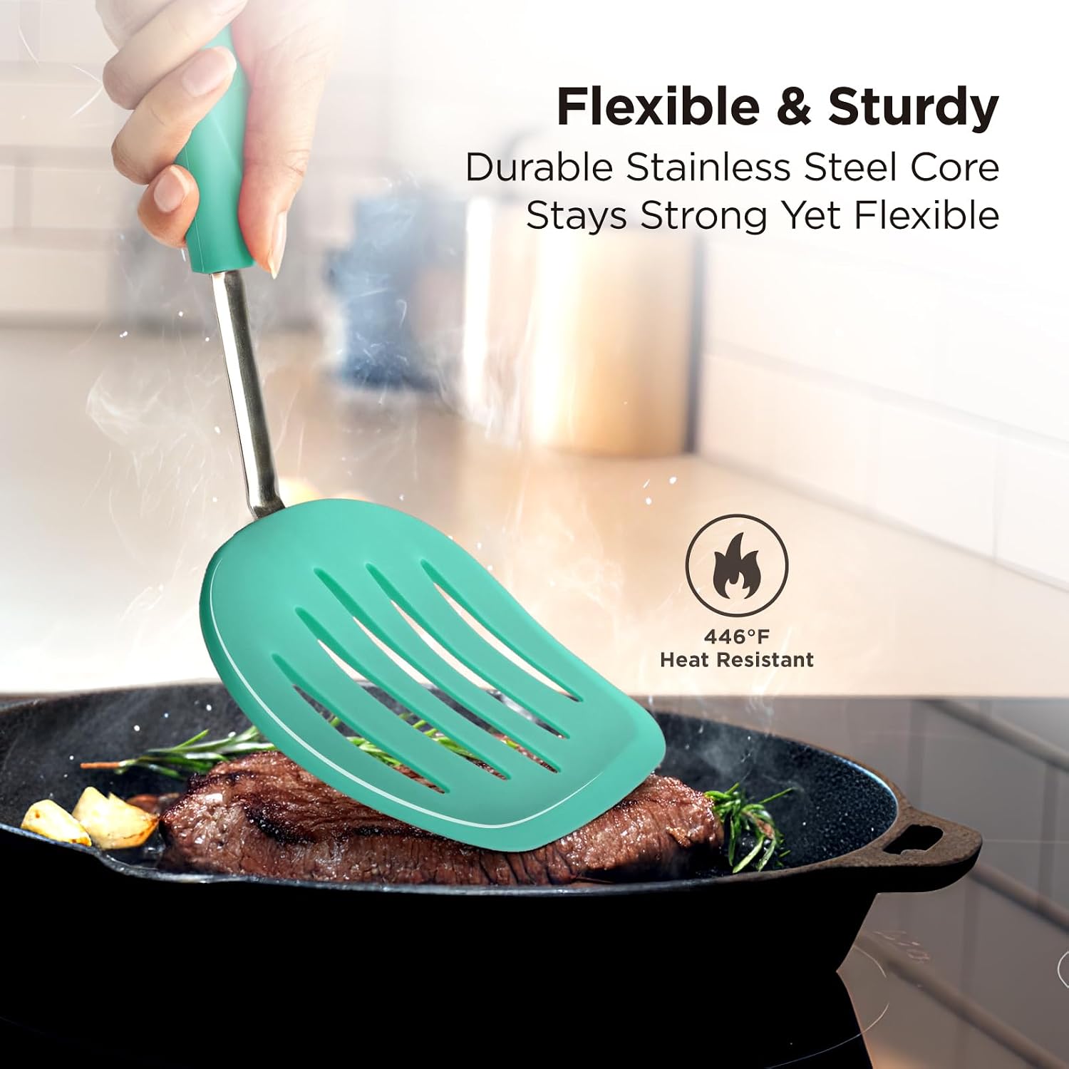 Kitchen Mama WaltzGrip Platinum Silicone Pancake Spatula Turner, Teal image 4