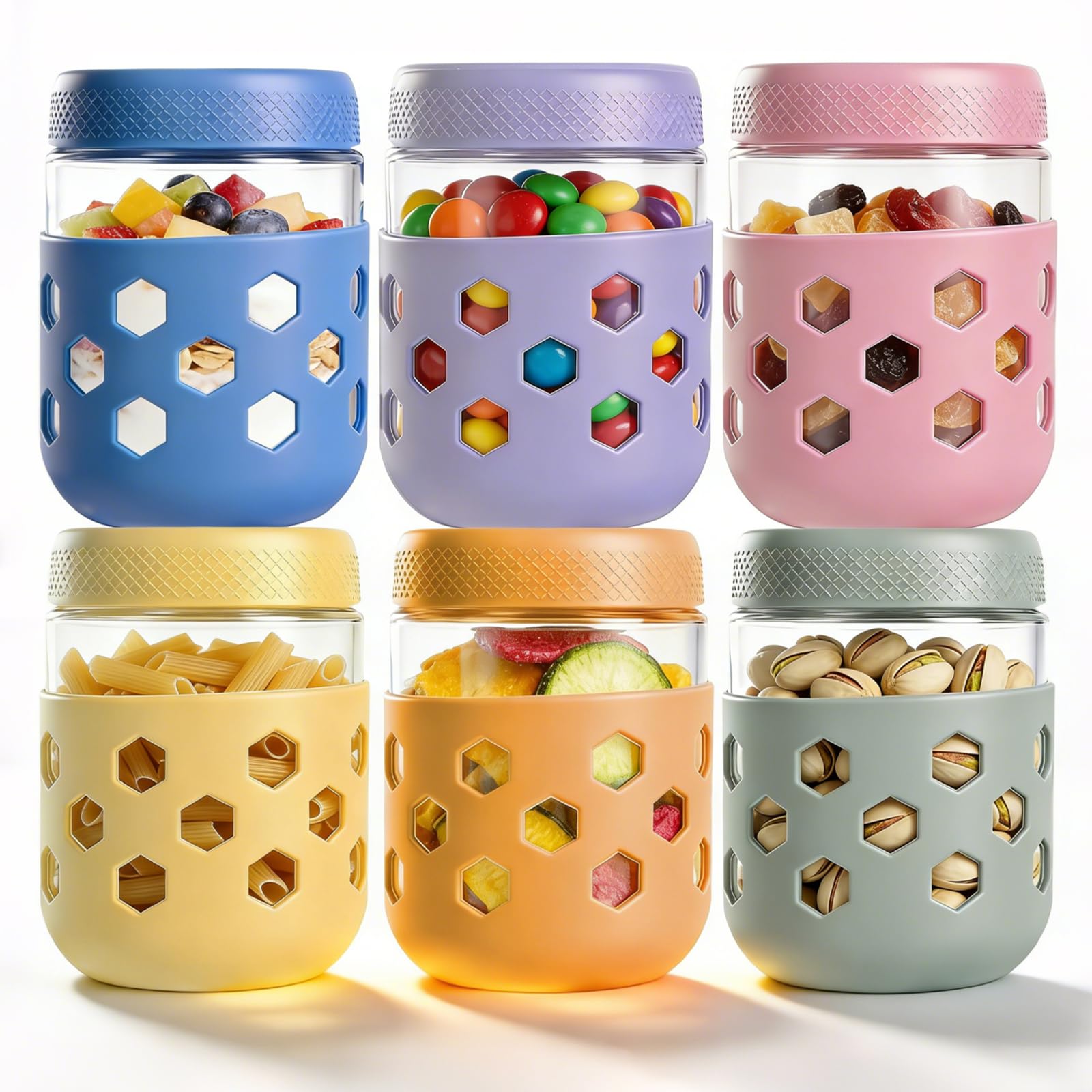 LDXDRU 6PCS 16oz/480ml Overnight Oats Jar, Glass Overnight Oats Container with Lid and Silicone Cup Sleeve, Leak Proof Yoghurt Pots Salad Jars for Chia Pudding Yoghurt Porridge and Cereals (6 Colors)
