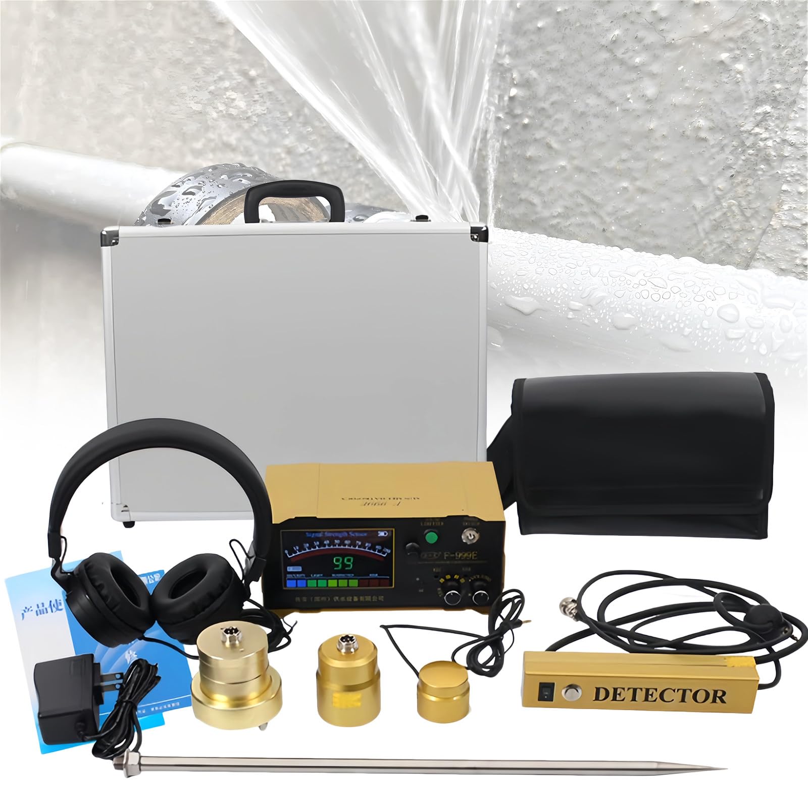 Detector de fugas de agua para uso doméstico y exterior, sensor de detección de fugas con auriculares y LCD multifrecuencia ajustable, funciona con pilas