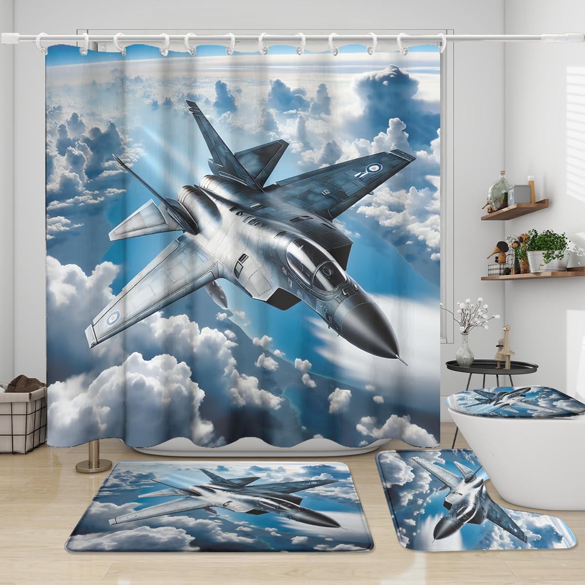 KuracleGH Modern Army Aircraft Print Shower Curtain Sets 4 Pcs,Cool Boys Room Decor Fighter Jet Airplane Bathroom Decor with Rugs Include Waterproof