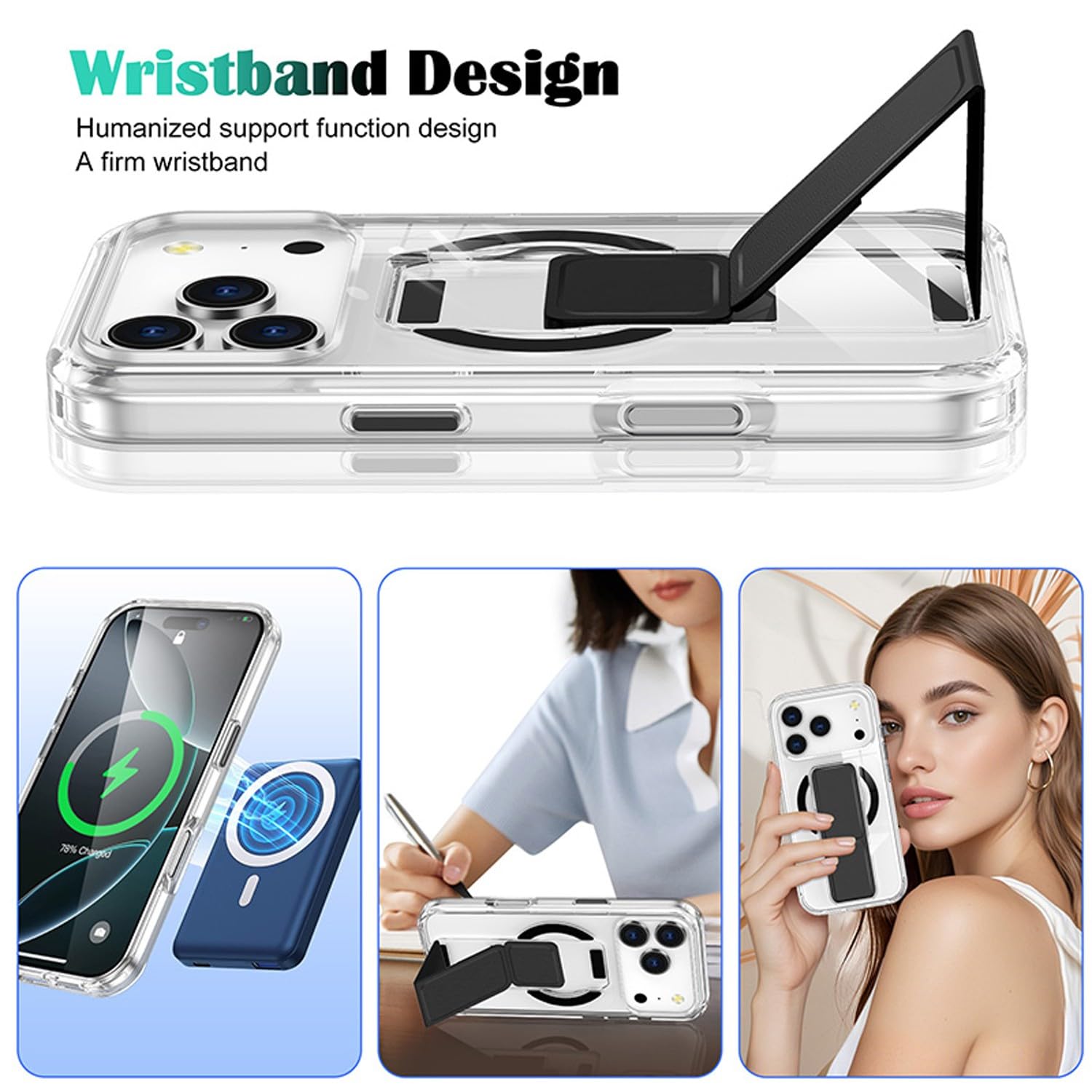 Generic Funda compatible con iPhone 15 (color: negro), funda de silicona transparente con soporte de pulsera