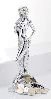 Dea Bendata Portafortuna in Piedi Statua Resina Argento con Soldi Color Oro e Argento Misura 14x26,5 cm Idea Regalo, soprammobile Portafortuna, Scatola Regalo in Omaggio, Made in Italy.