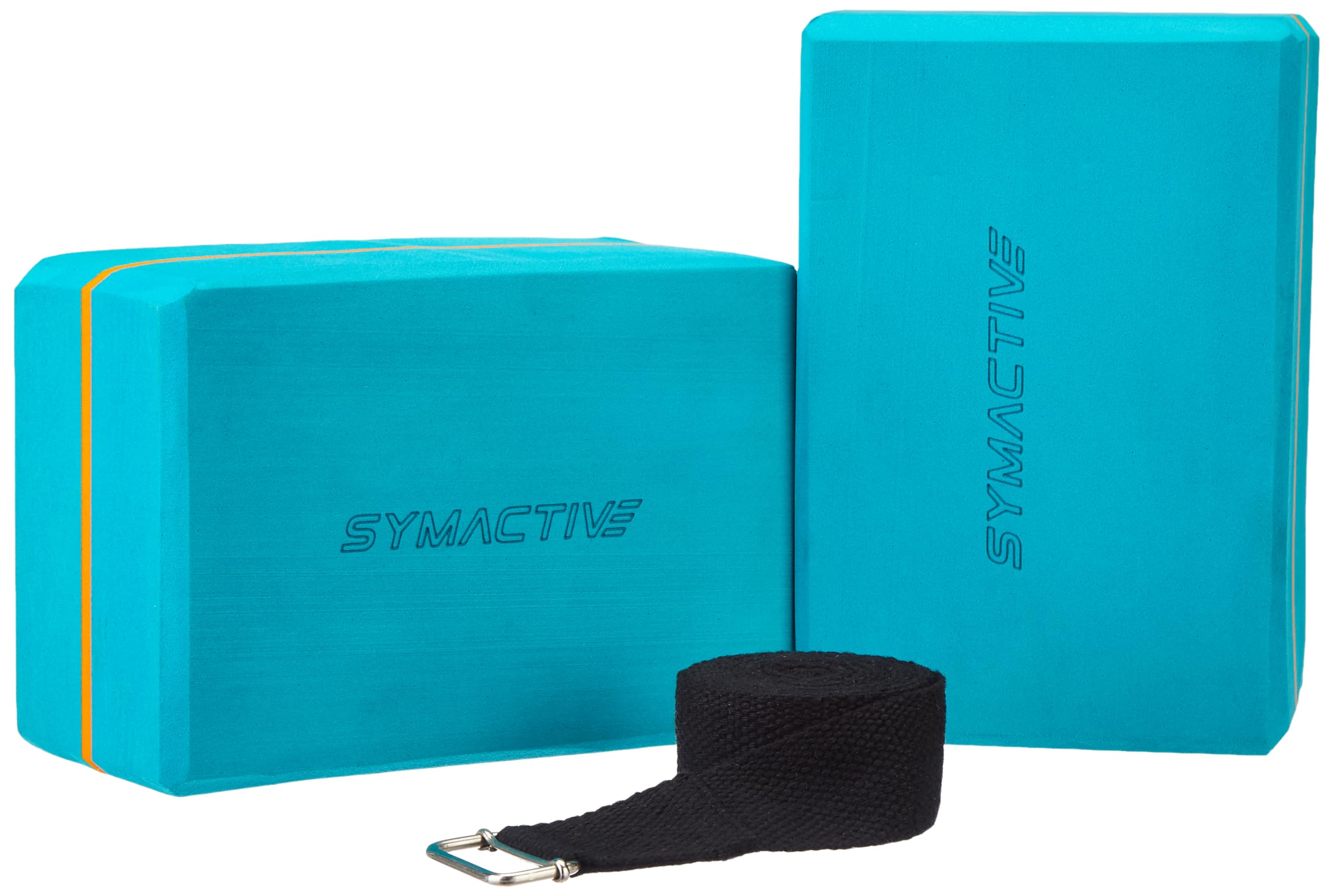 Amazon Brand - Symactive High Density Premium EVA Foam Yoga Blocks with Yoga Belt/Strap for Strength and Flexibility, Extra Large Size (4 x 6 x 9 inches, 8 feet belt, Set of 2, Multicolor)