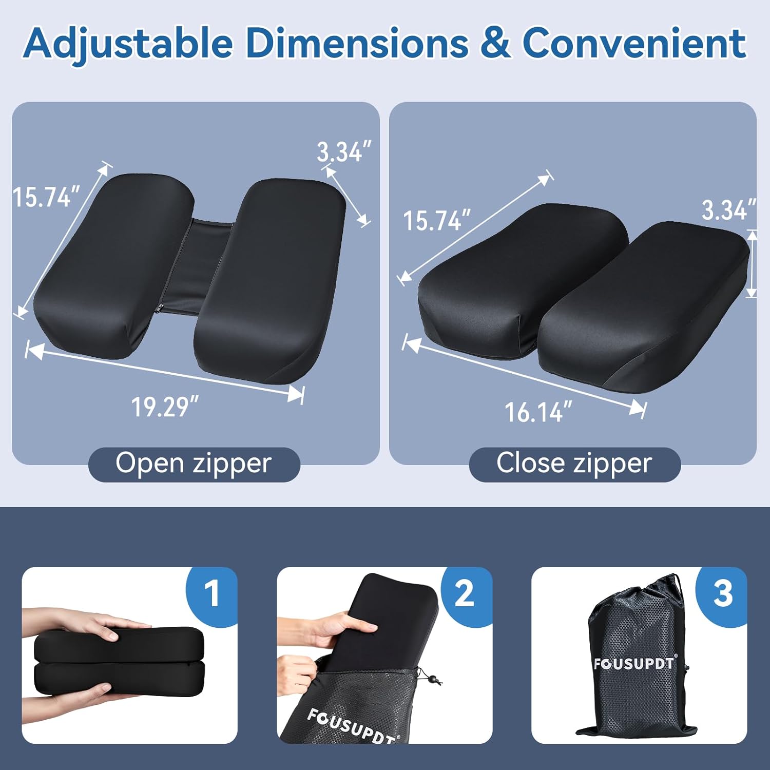 Adjustable Seat Cushion, Memory Foam Office Chair Cushion, Car Seat Cushion, Foldable Travel Cushion for Tailbone Pain, Sciatica Pain Relief, Lifting Cushion for Sitting, Driving, Traveling(Large)