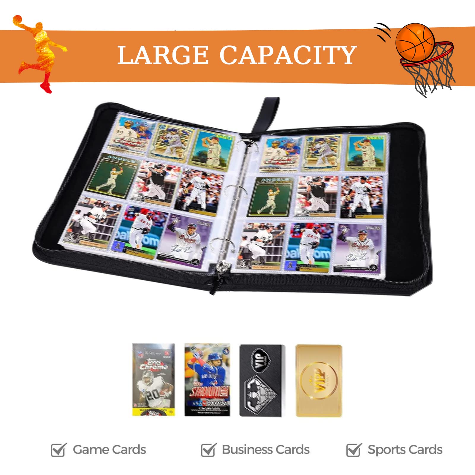Raccoglitore per carte da basket con maniche, album per carte collezionabili, adatto a 900 carte con 50 pagine rimovibili, organizer per carte da calcio, carte da baseball, carte sportive