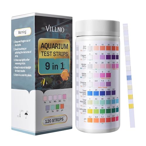 VILLNO 9 in 1 Aquarium Test Strips 120 Count, Fish Tank Water Test Kit for Freshwater & Saltwater, pH Nitrate & More