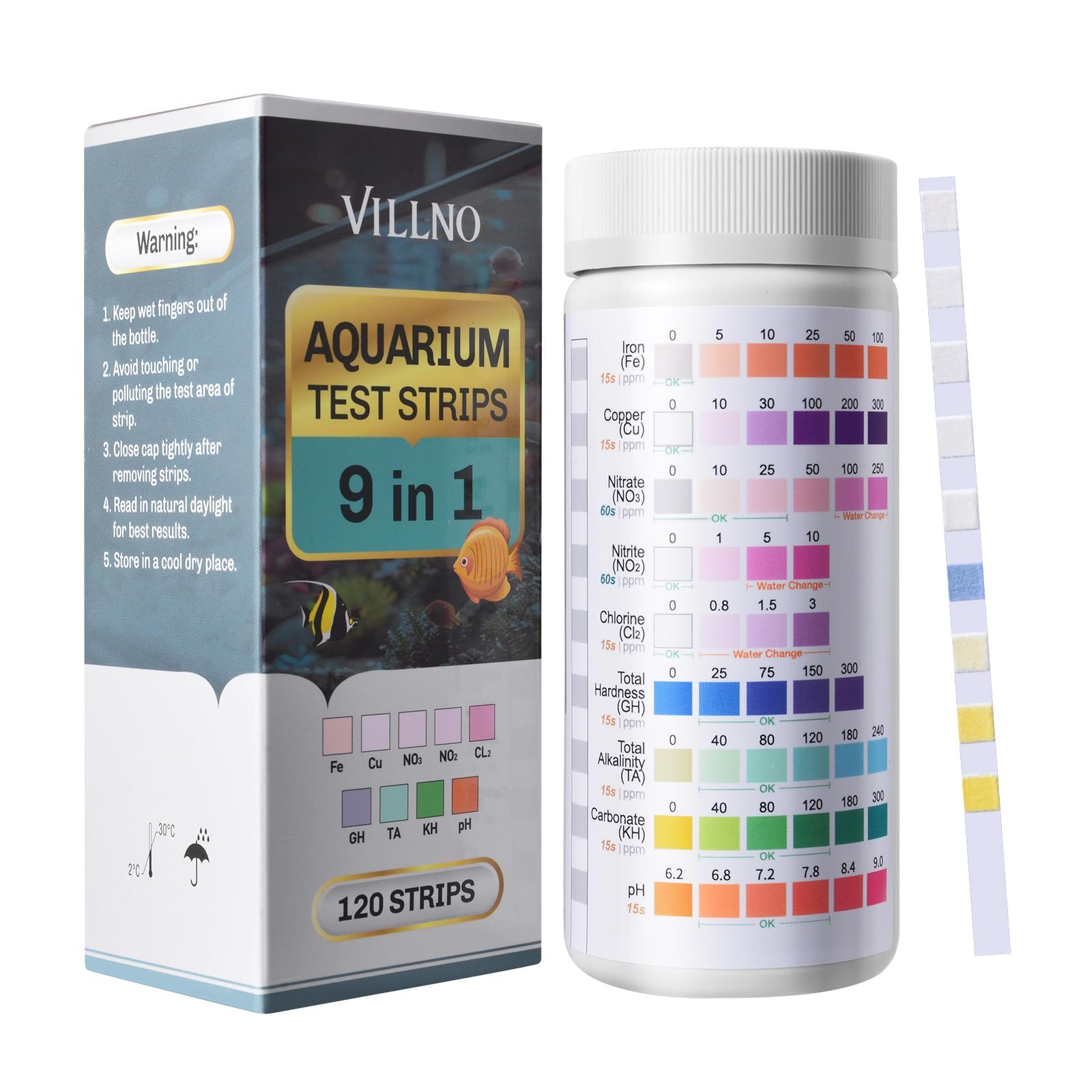 9 in 1 Aquarium Test Strips, 120 Count Fish Tank Water Testing Kit for Freshwater Saltwater Pond, Testing: Fe, Cu, Nitrate, Nitrite, Chlorine, GH, Alkalinity, Carbonate, PH