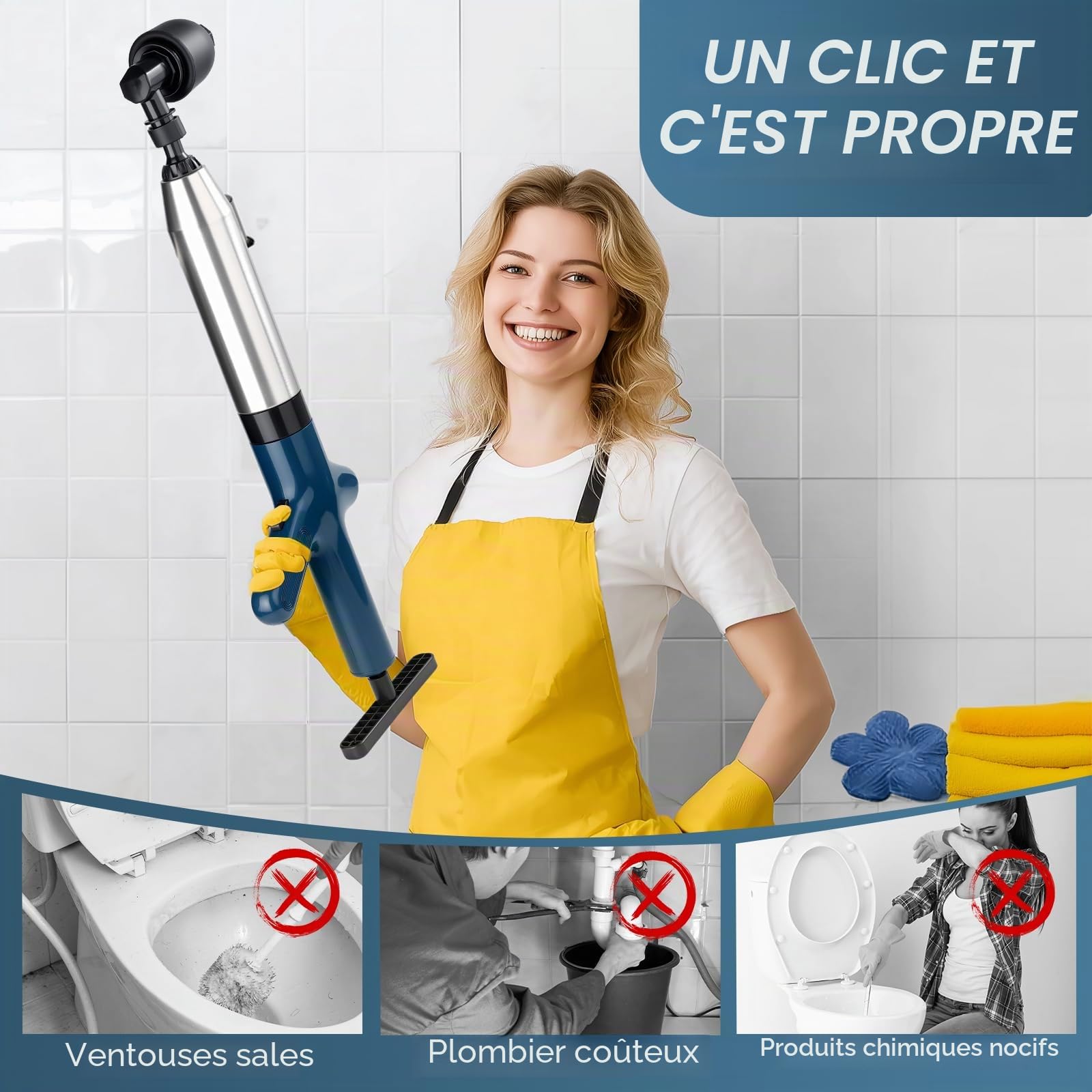 Kit de déboucheur 5 en 1 à air comprimé – Pompe de débouchage avec corps en acier inoxydable 304, indicateur de pression d'air et 8 embouts – Pompe WC pour toilettes, lavabo, douche, cuisine