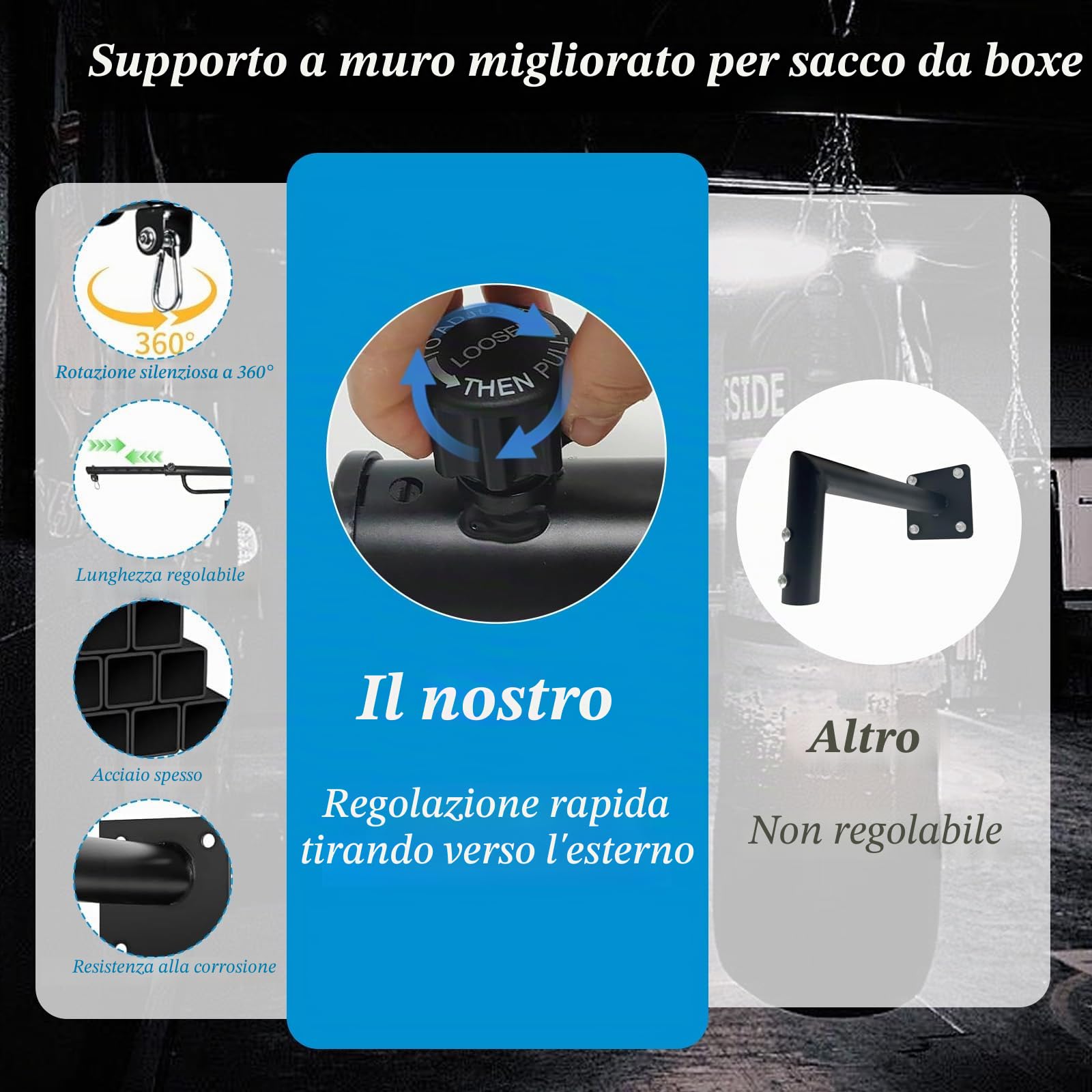 Supporto per Sacco da Boxe, Staffa per Sacco da Boxe da Muro, Regolabile e Girevole, Portata 150 kg, per Palestre Domestiche/Garage/Cantine