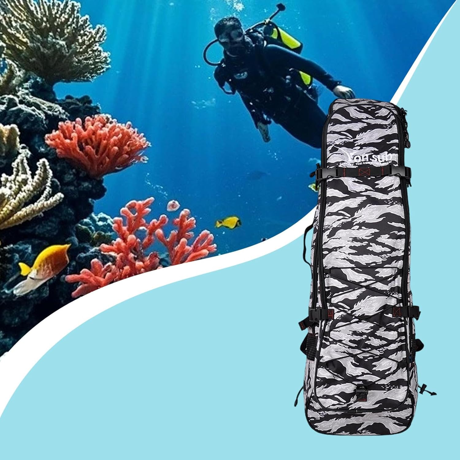 Qianly Long Fins Bag Spearfishing Gear Bag Insulated Front Pocket Adjustable Snorkeling Fins Carry Backpack for Outdoor Activities