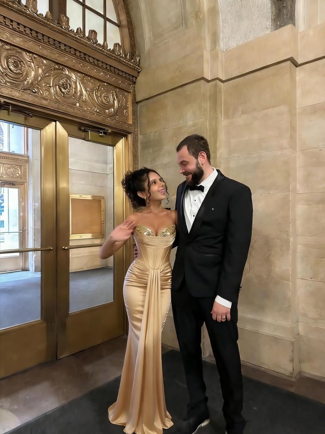 Mermaid Satin Corset Prom Dresses with Tie 2026 Long Pleated Sequin Strapless Formal Evening Gown WA136 - Image 4