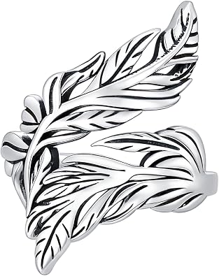 Feather Ring 925 Sterling Silver Vintage Wide Turquoise Feather Rings Adjustable Feather Ring Western Jewelry Gifts for Women Men Open Ring Size 6-10