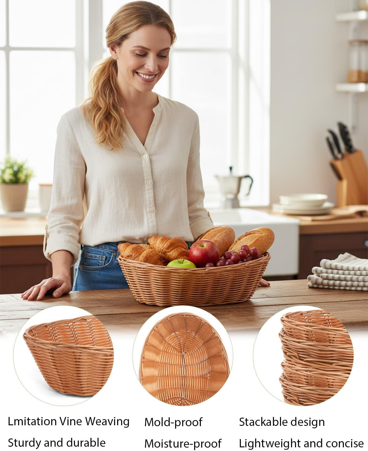 Plastic Oval Basket, 16 Pack Wicker Bread Baskets Woven Rattan Basket Handwoven Bread Baskets For Kitchen, Restaurant, Centerpiece Display (9.5 x 6.3 x 2.4 inches)