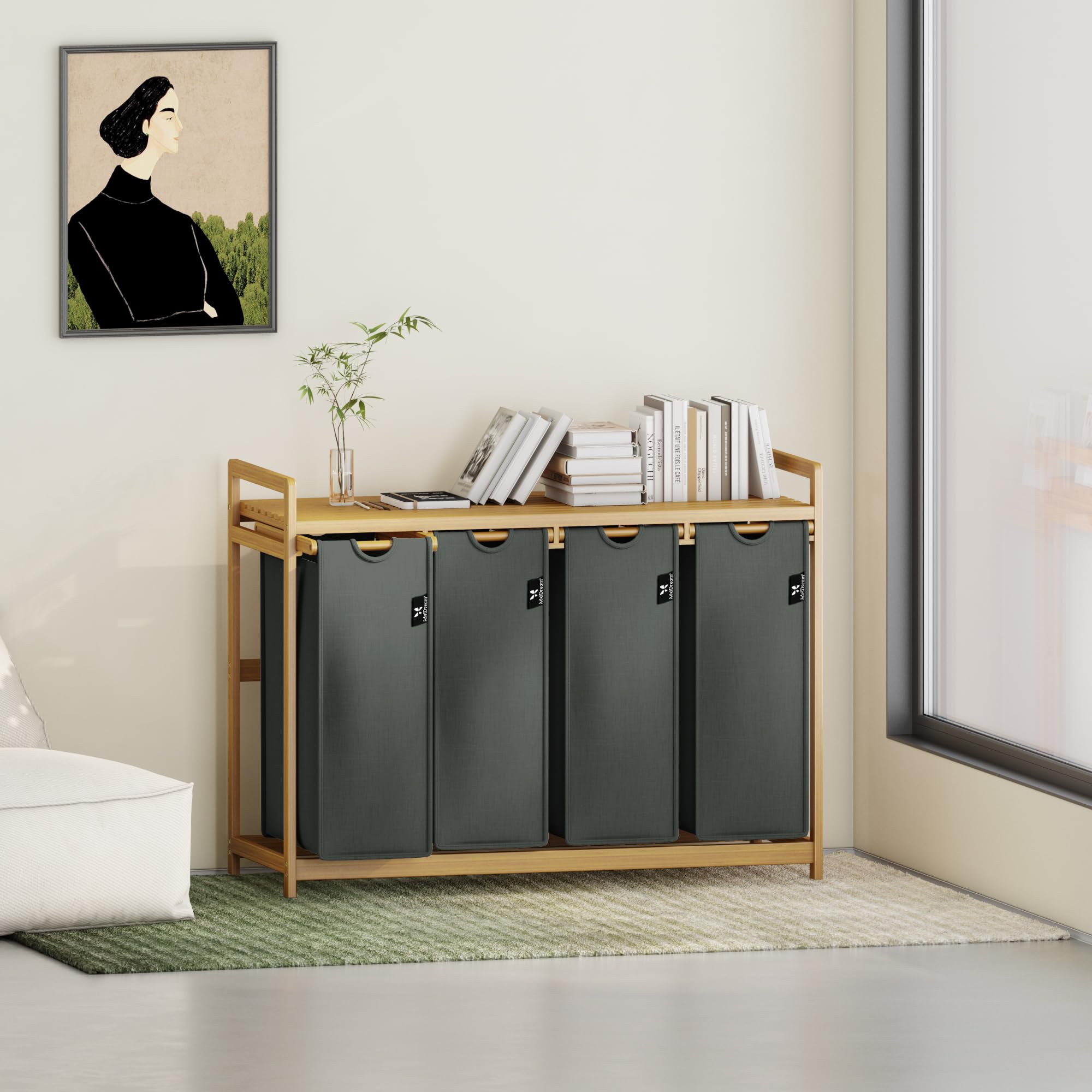 AdelDream Wäschekorb 200L, 4 Fächer Wäschesammler mit Ablage, Bambusrahmen | Wäschesortierer mit 4 x 50L Fächer,ausziehbar abnehmbar,Ablage bis 60 kg,Farbe Grau