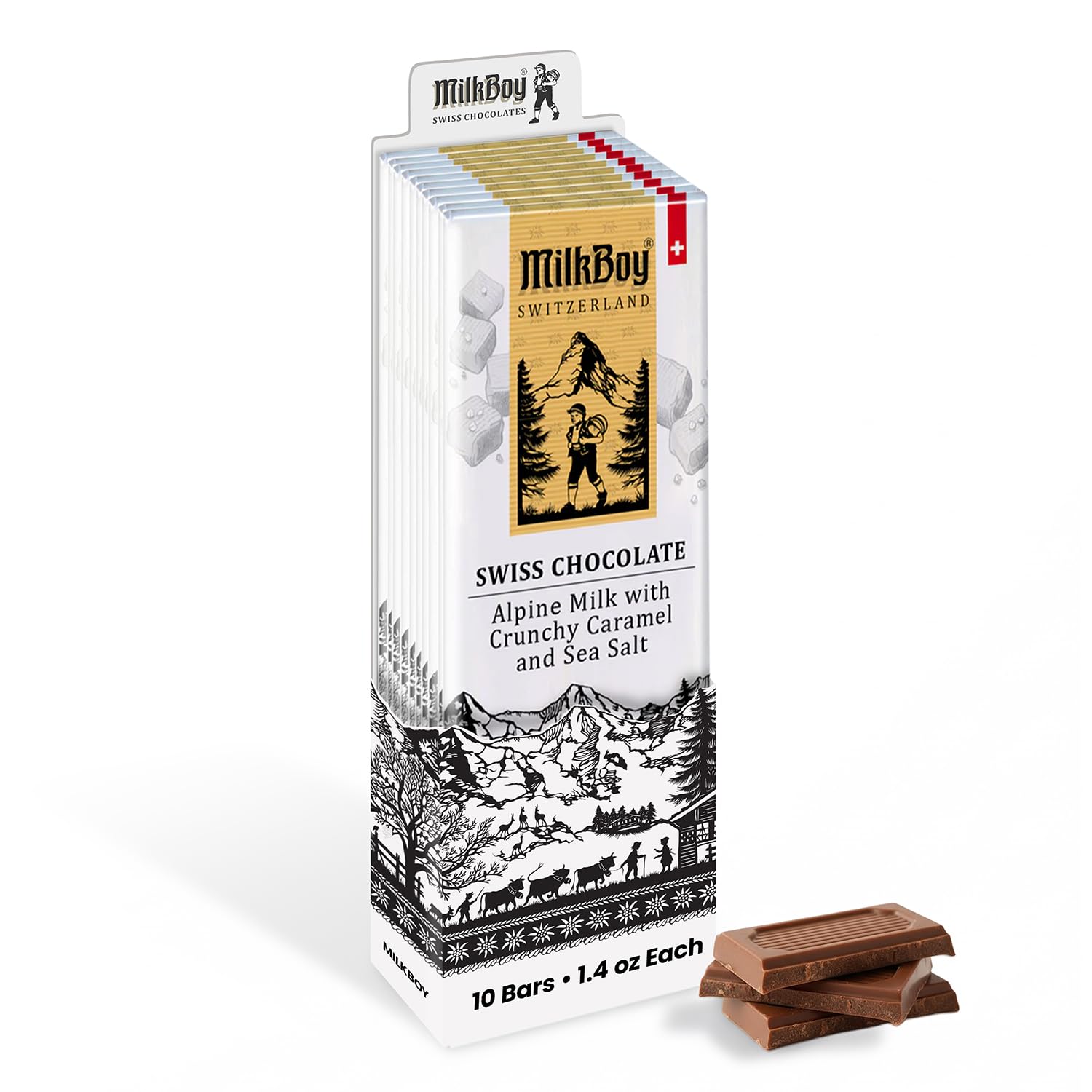 Milk Chocolates - Premium Alpine Milk Chocolate Bars with Crunchy Caramel & Sea Salt - Made in Switzerland - GMO Free - Each 1.4 oz - 10 Pack