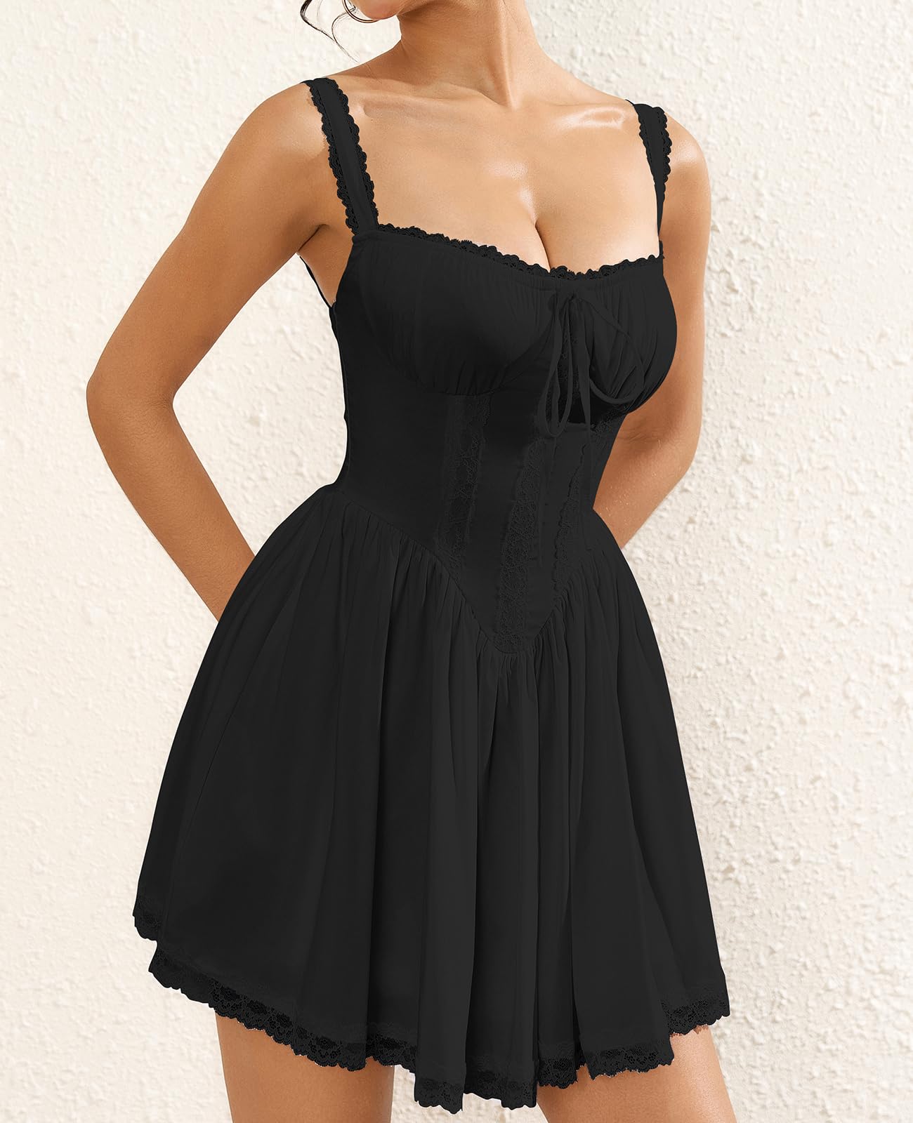 Womens Summer Floral Mini Dress Square Neck Tie Front Lace Spliced Ruched Backless Casual Party Graduation Short Dresses: Black Medium