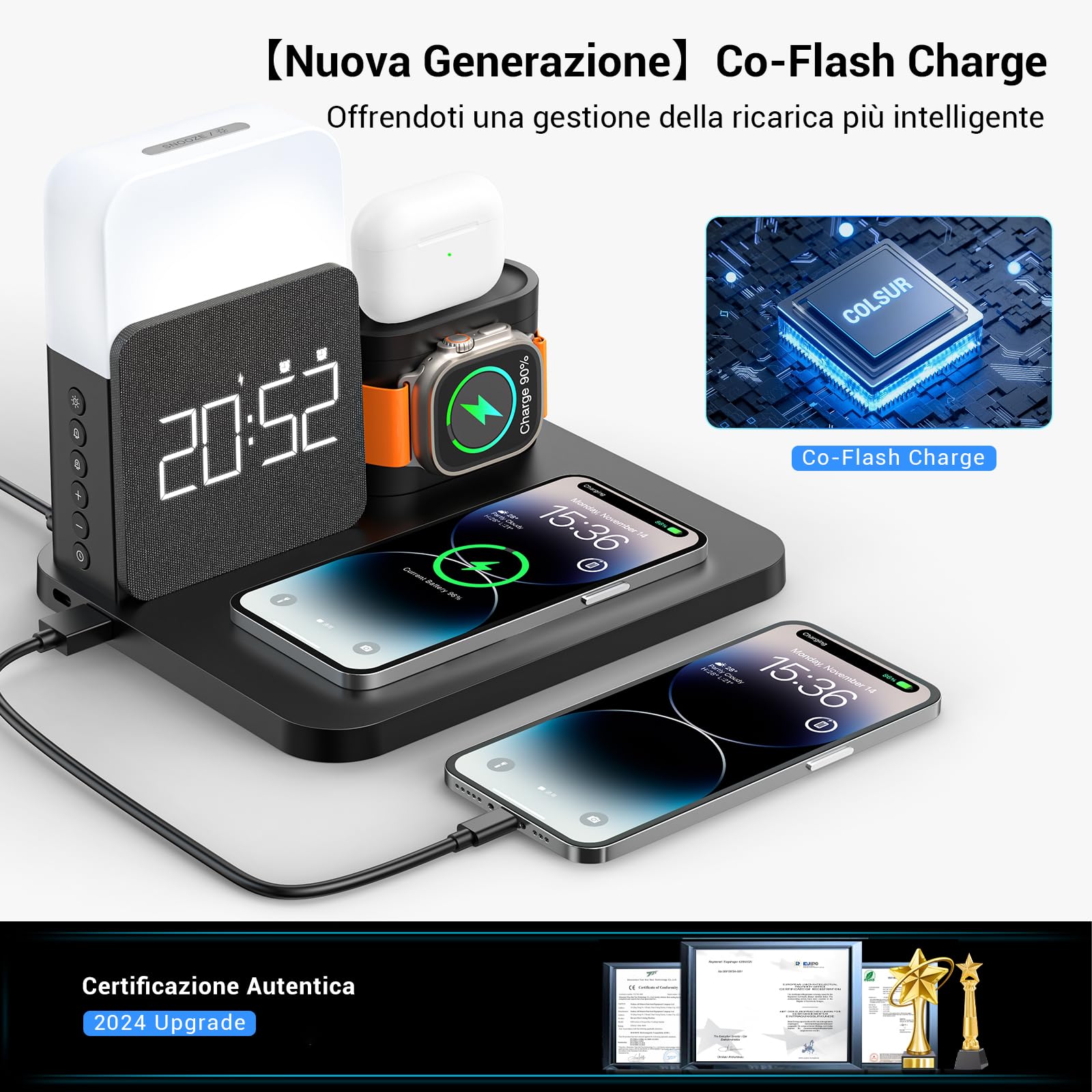 【2025 Upgrade】3 in 1 Caricatore Wireless iPhone Apple Watch AirPods, Caricabatterie per Samsung, Lampada da comodino touch, senza fili, 3 funzioni, sveglia, stazione di ricarica 16/15/14/13 accessori
