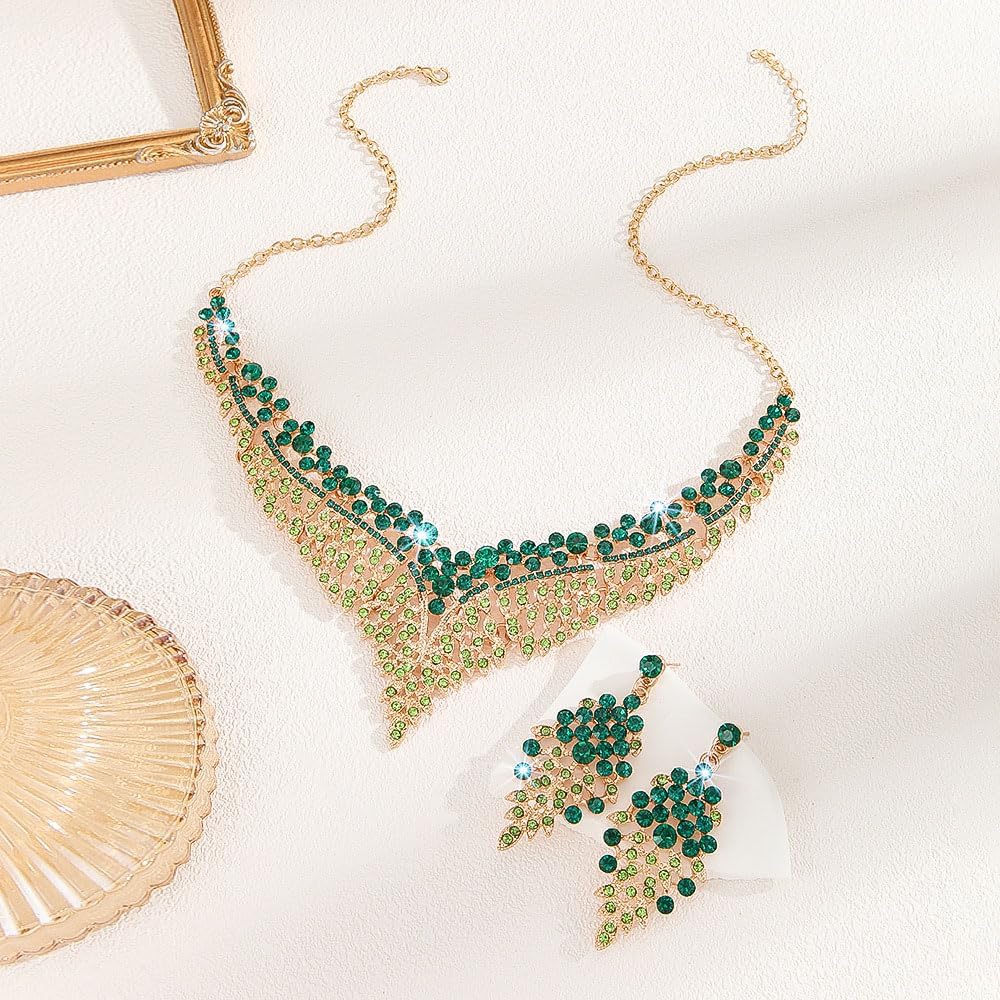 Missgrace Retro Large Green Rhinestones Crystal Bridal Wedding Jewelry Sets Crystal Choker Necklace Earrings Set Prom Formal Bar Party Teardrop Dangle Dainty Necklace Earrings for Women - Image 4