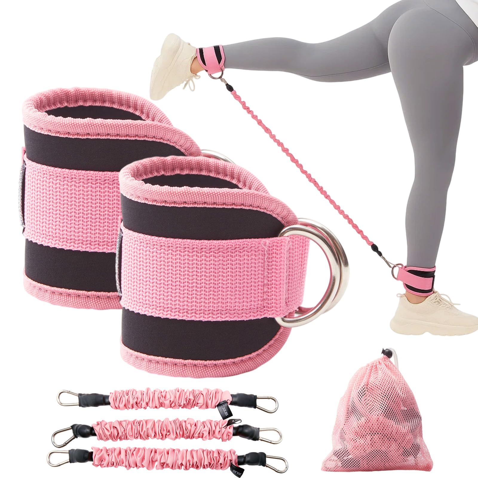 Resistance Bands with Ankle Straps Glute Leg Workout Equipment Bands Booty Exercise for Women Ankle Weights Bands with Carry Bag Home Gym Fitness Pilates Lower Body Tra (Pink) — image 1
