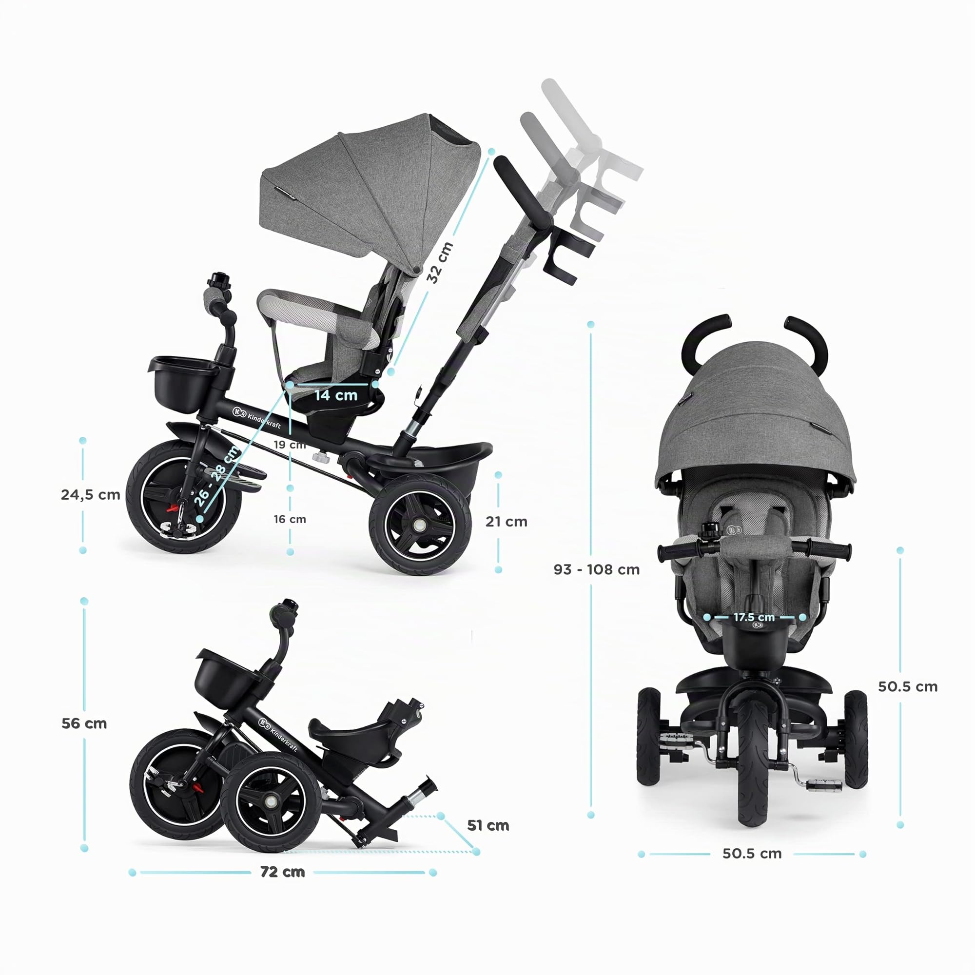 Kinderkraft SPINSTEP Triciclo bambini dai 9 Mesi con Maniglione, Cappottina impermeabile con filtro UPF50+, Pieghevole, Seduta girevole a 360 gradi, Grigio