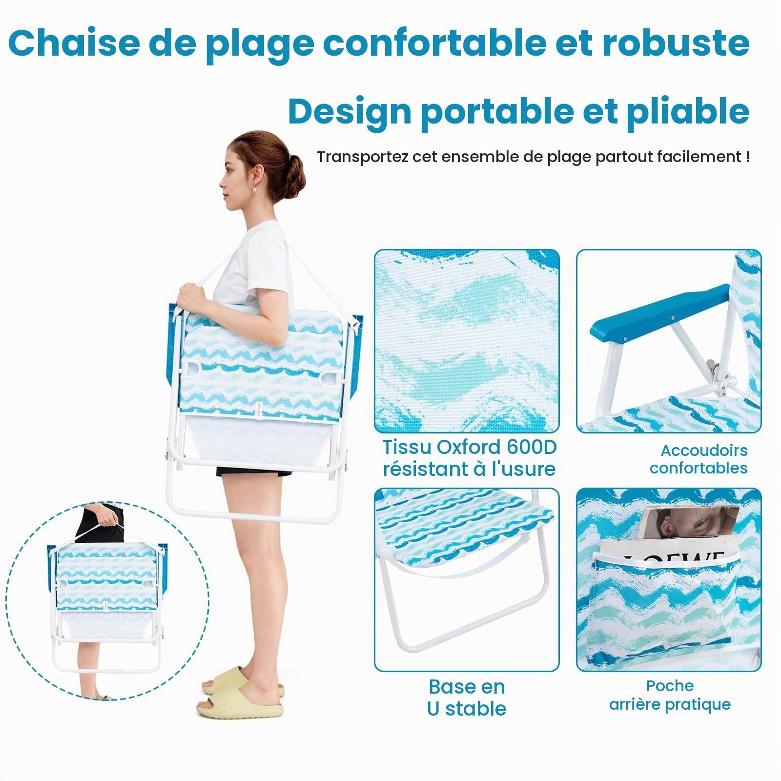 KOMFOTTEU Ensemble Plage, 2 Fauteils, 1 Tapis, 1 Parasol de φ 175cm, Bleu | Set de 4 Chaise Pliable, Charge 150KG, Parasol Inclinable Réglable à 30° avec Sac de Rangement, Tapis de Plage