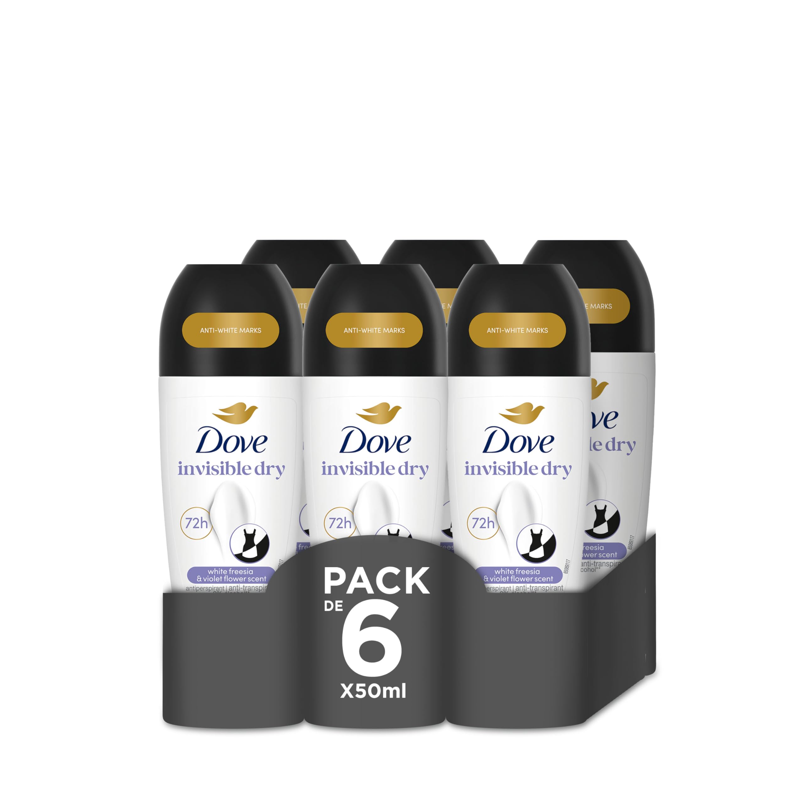 Dove Blancas/Amarillas/Blanca Advanced Care Desodorante Roll-On Invisible Dry Protección 72 Horas Desodorante Antitranspirante 50Ml X6
