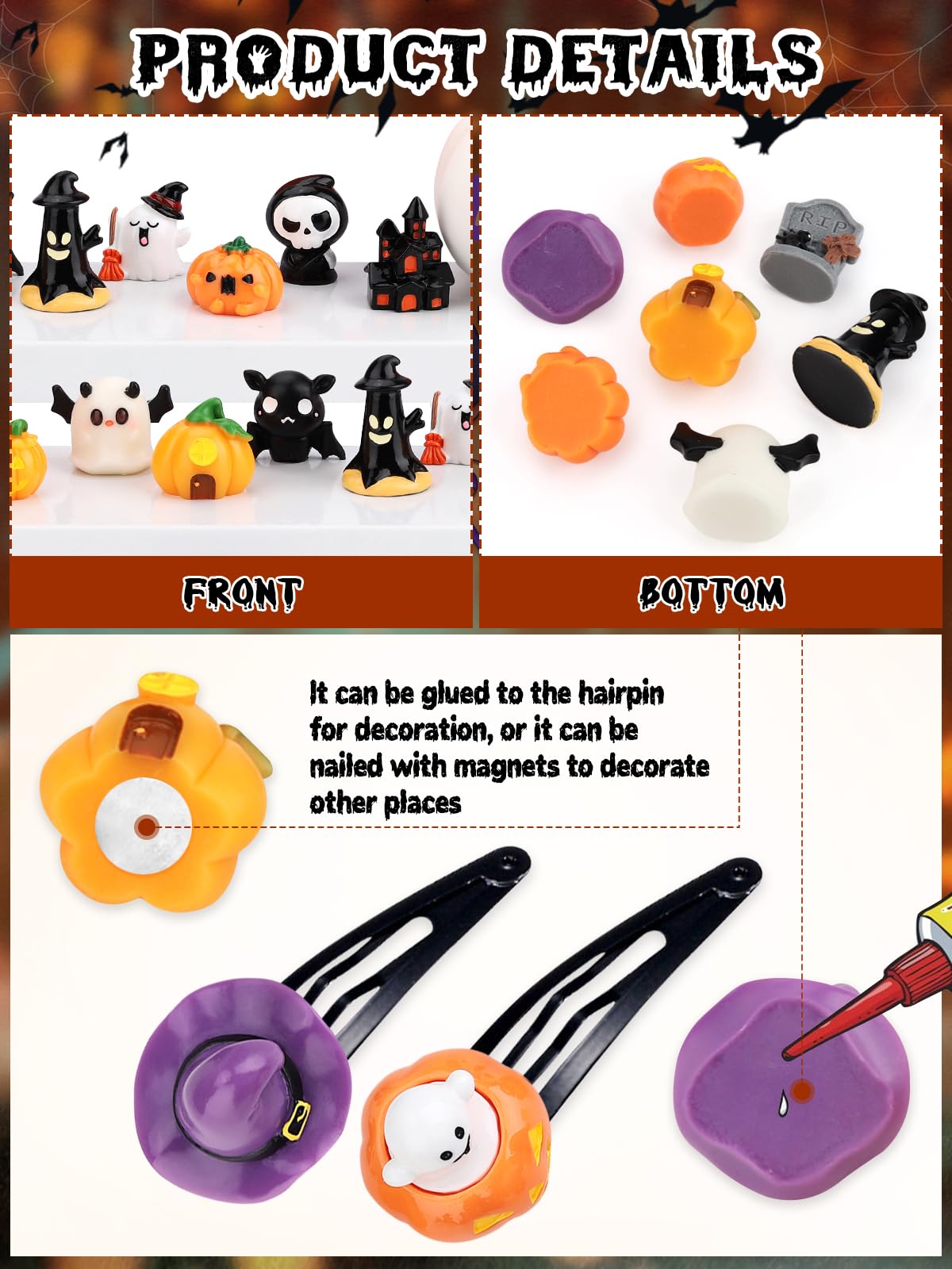 Lot de 6 citrouilles d'Halloween lumineuses en résine - Figurines miniatures décoratives pour la nuit - Citrouille miniature phosphorescente pour décoration d'intérieur