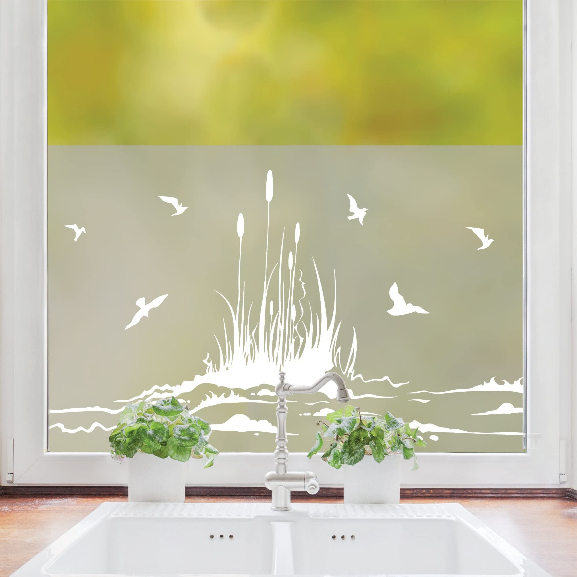Sichtschutzfolie Vögel mit Schilf am Ufer, maritime Fensterfolie, Fensterdeko Milchglasfolie, 120 cm hoch, 90 cm breit