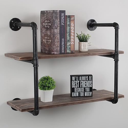 Miniatura 4 de MBQQ, Estantes de tubería industrial con madera, estante de montaje en pared rústico, estantería de metal colgada, estantería flotante de