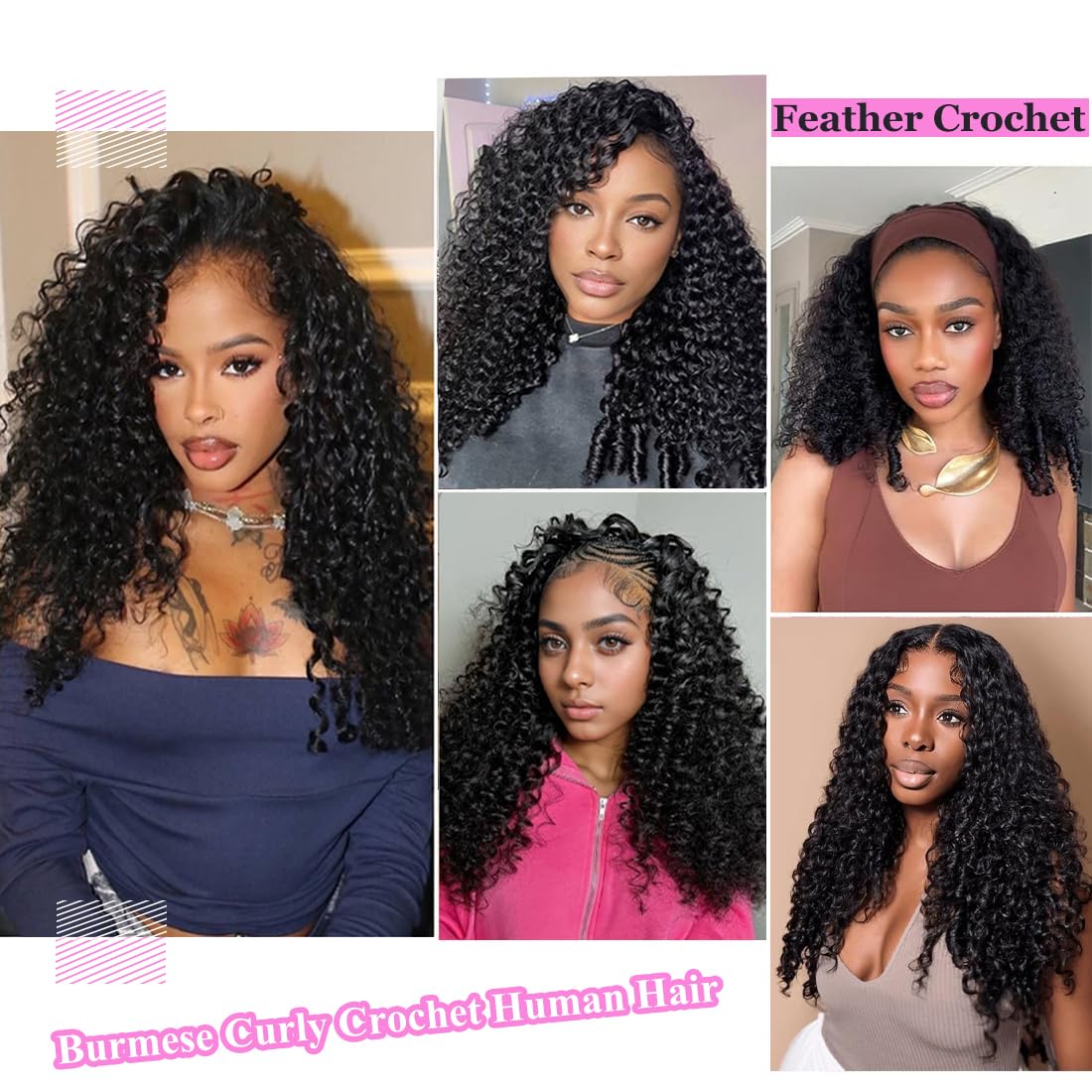 Fether Burmese Curly Human Hair Crochet Extensions 1B 60g