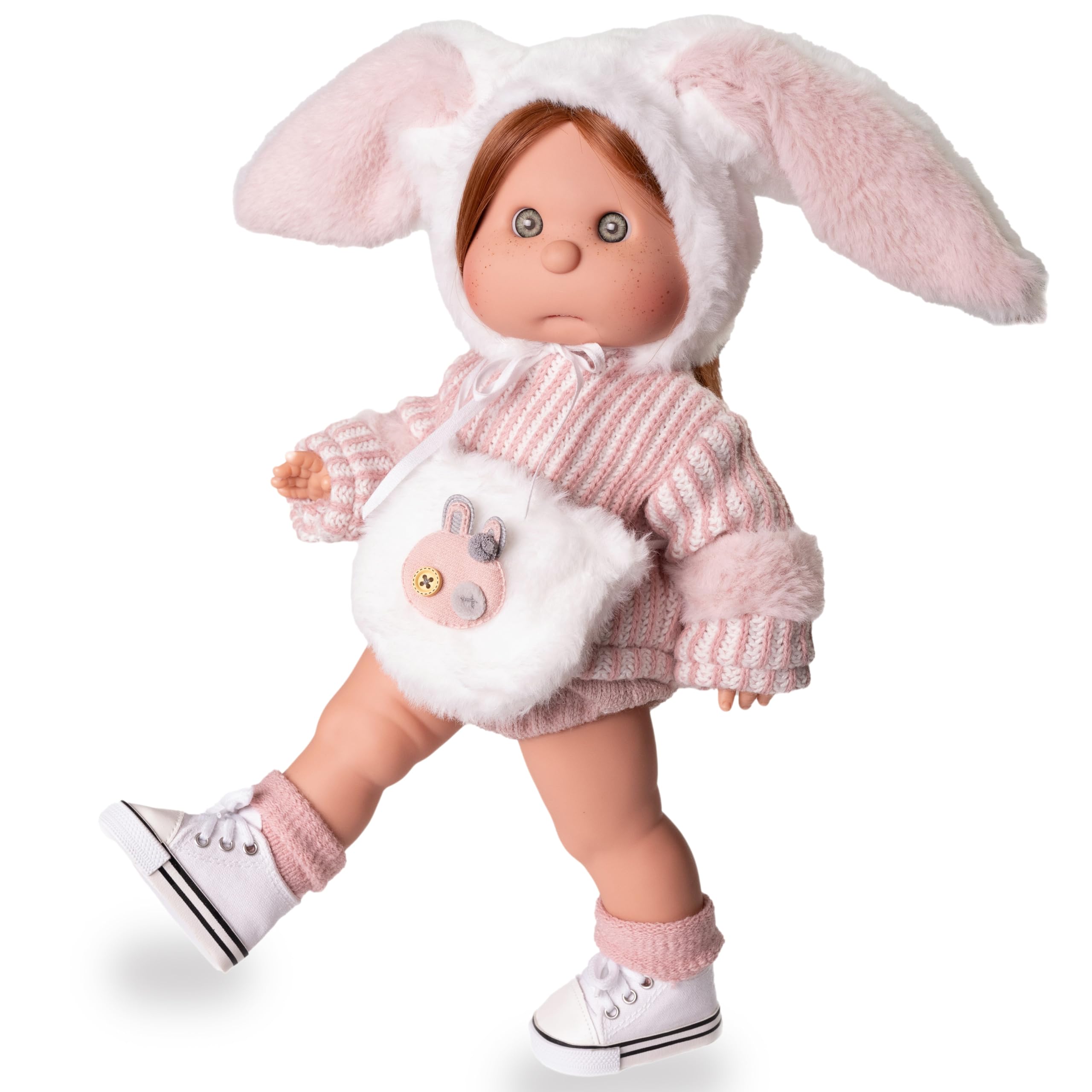 Roma Antonio Juan Iris – mit Make-up und Hasenhaube, 38 cm, bewegliche Modepuppe, interaktives Make-up-Spiel, wiederverwendbar, Vinyl-Schaufensterpuppe, komplett mit passender Tasche und