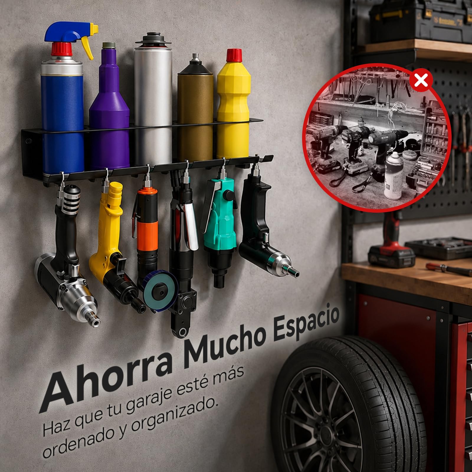 Juego de 2 soportes para botellas de spray con 5 compartimentos y 6 ranuras, para garaje, taller y hogar