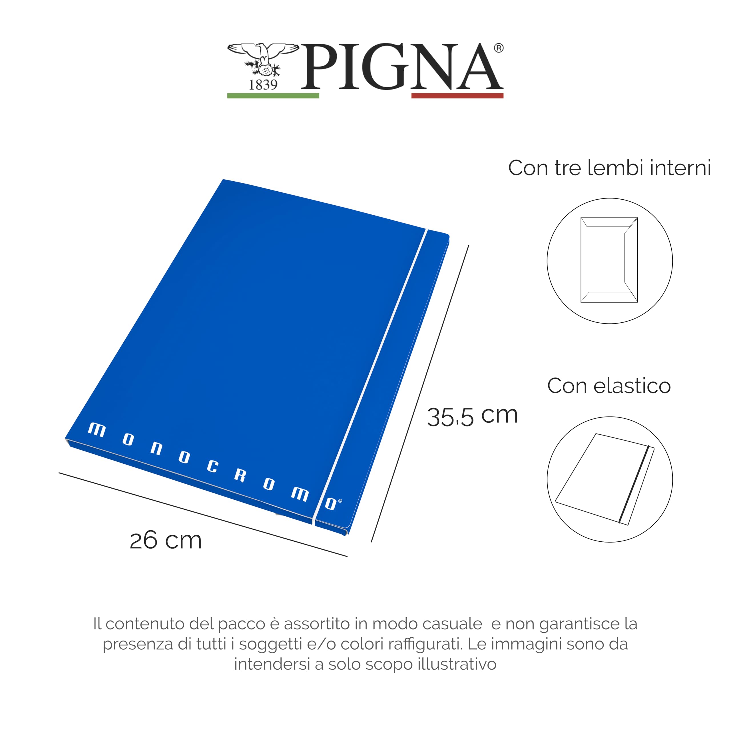 Pigna, Cartella portadocumenti con elastico MONOCROMO THE ORIGINAL, dorso 1,2, formato 26x35,5 cm., pacco da 6 pezzi