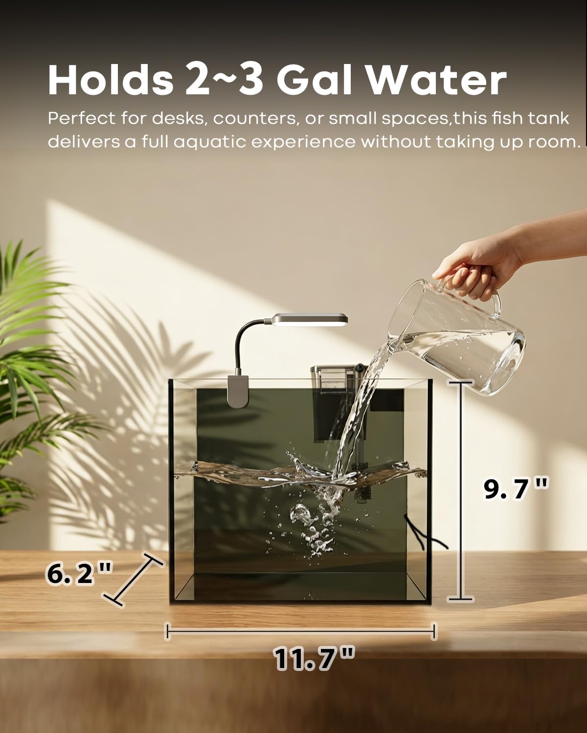 Glas-Aquarium-Set, Starter-Set mit Heizung, Wasserpumpe, Reinigungsfilter, helles Licht, Felsen, Kies, Reinigungswerkzeug, auslaufsicher, klar, randlos, Schreibtisch, platzsparend, Betta-Fische