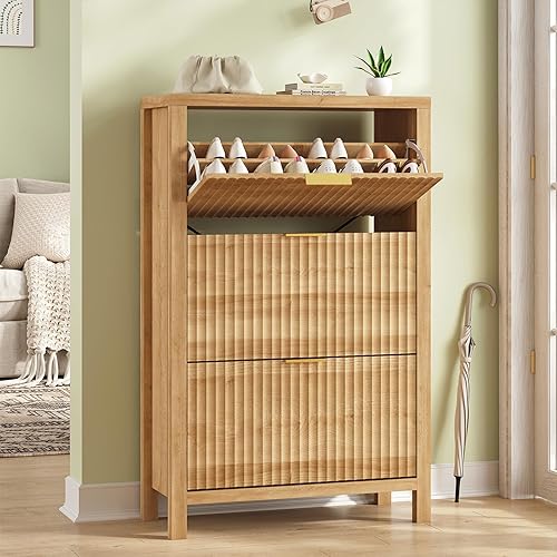 Miniatura 16 de Gabinete de Zapatos de Almacenamiento para Entrada, Gabinete de Zapatos Acanalado con 2 Cajones Abatibles, Estante de Zapatos Alto Independiente