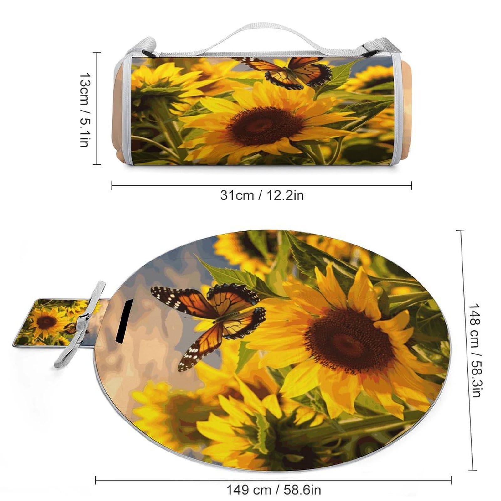 Mantas redondas plegables y ligeras para pícnic, con diseño de girasoles, mariposas, impermeables, para exteriores, para primavera, verano, camping, parque, viajes, hierba