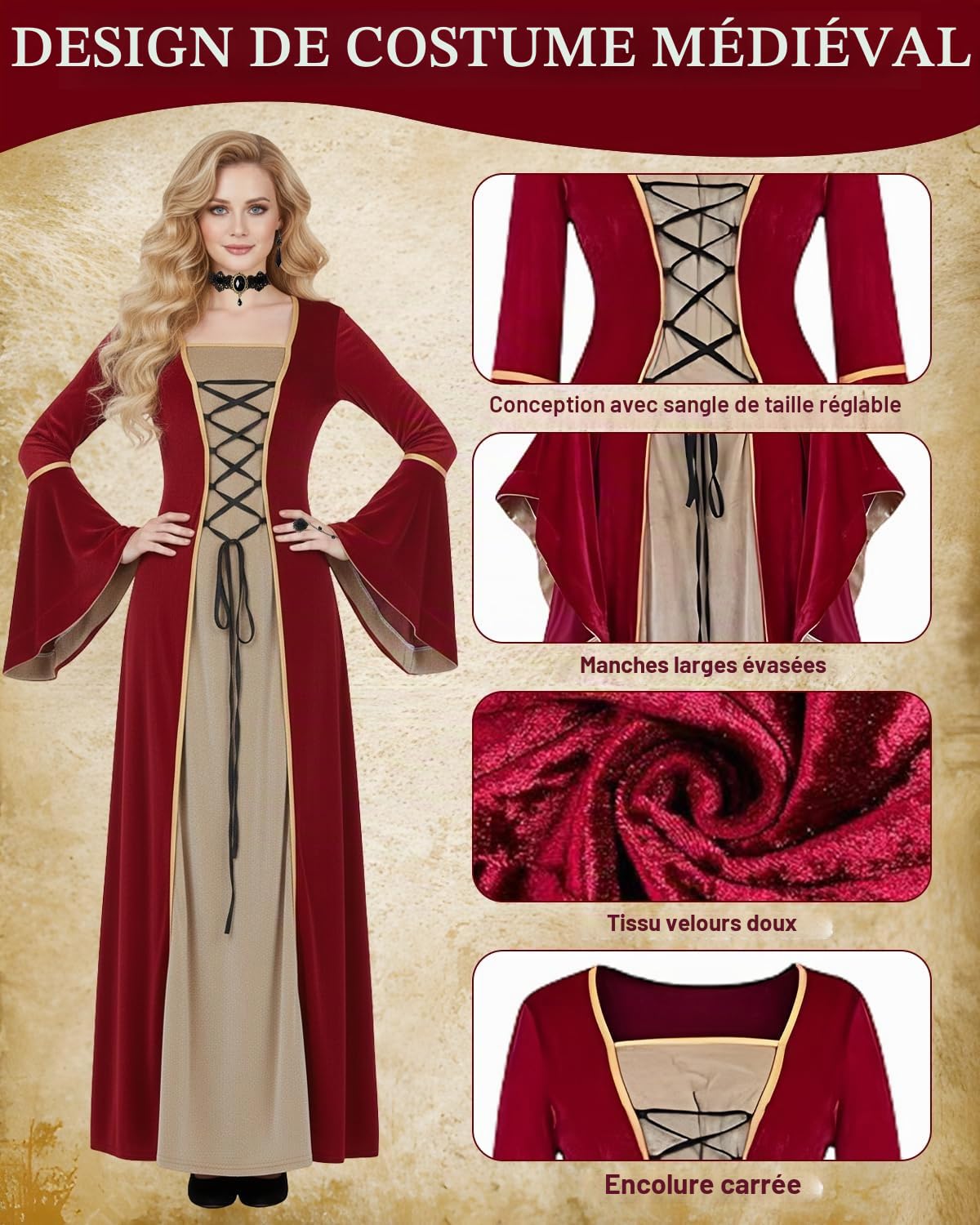 Deguisement Medieval Femme, Costume Medieval Femme avec Collier et Boucles D'oreilles, Robe Renaissance à Manches Cloche, Costume Carnaval pour Fête Rétro Cosplay Halloween