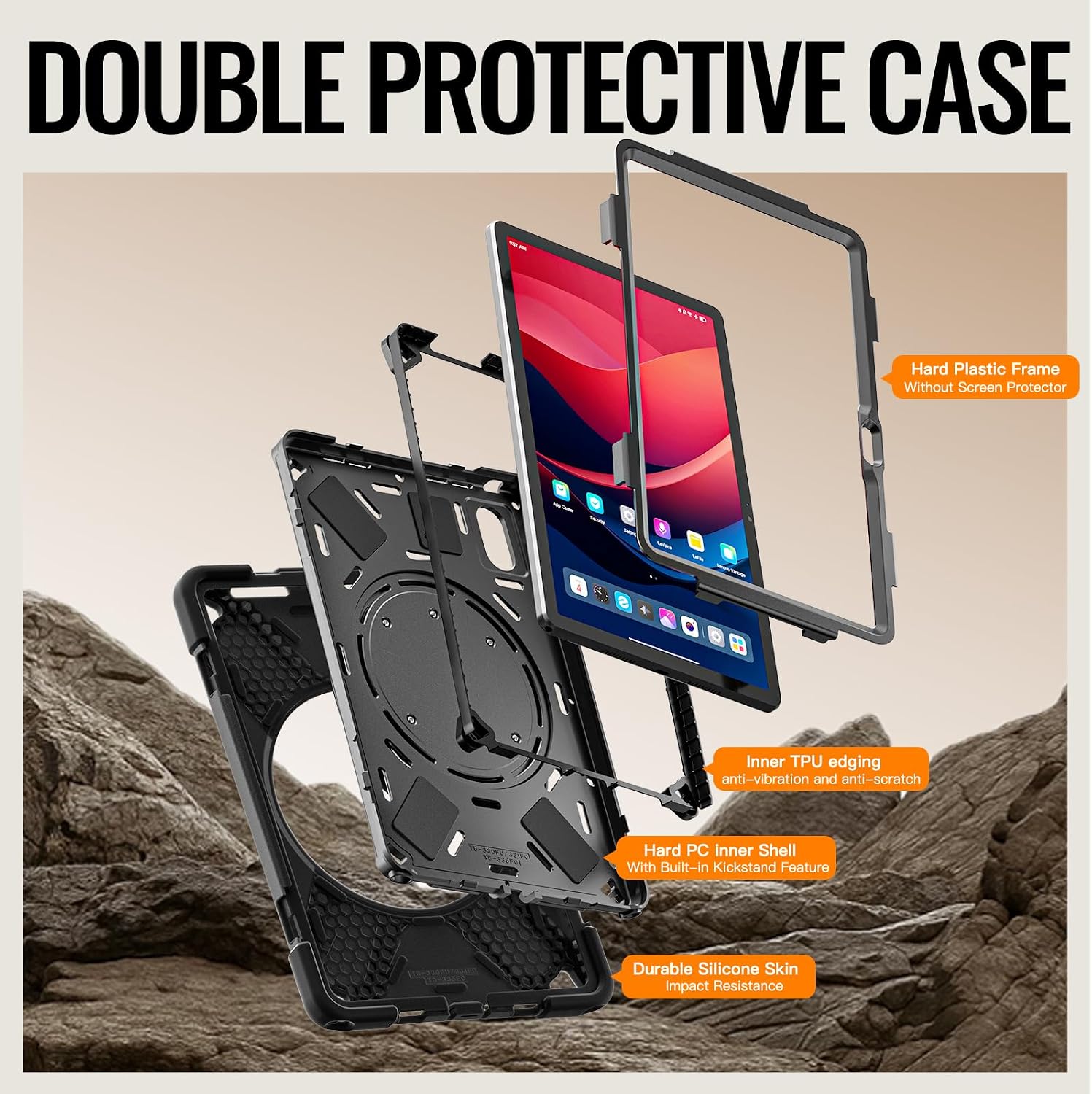 Rugged Protective Case Compatible with Lenovo Tab K11 (Gen 2) TB-336 2025, Military-Grade Shockproof Cover with 360° Rotating Stand & Built-in Screen Protector (Black) image 2