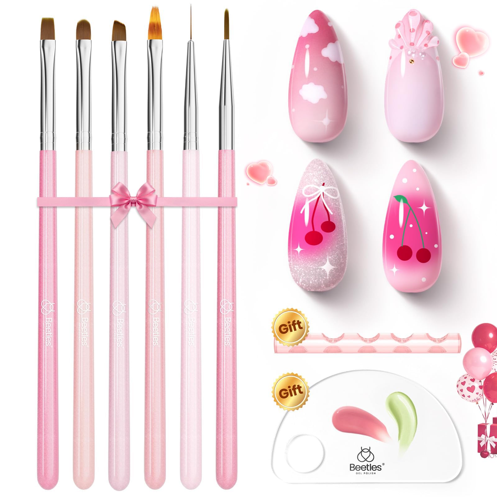 Beetles Nail Art Brushes, 6 Pcs Fingernail Art Design Pens | Pink Handle French Tip Ombre Clean Up Nail Brush Set for Gel Polish with Palette DIY Manicure Tools Gift for Women