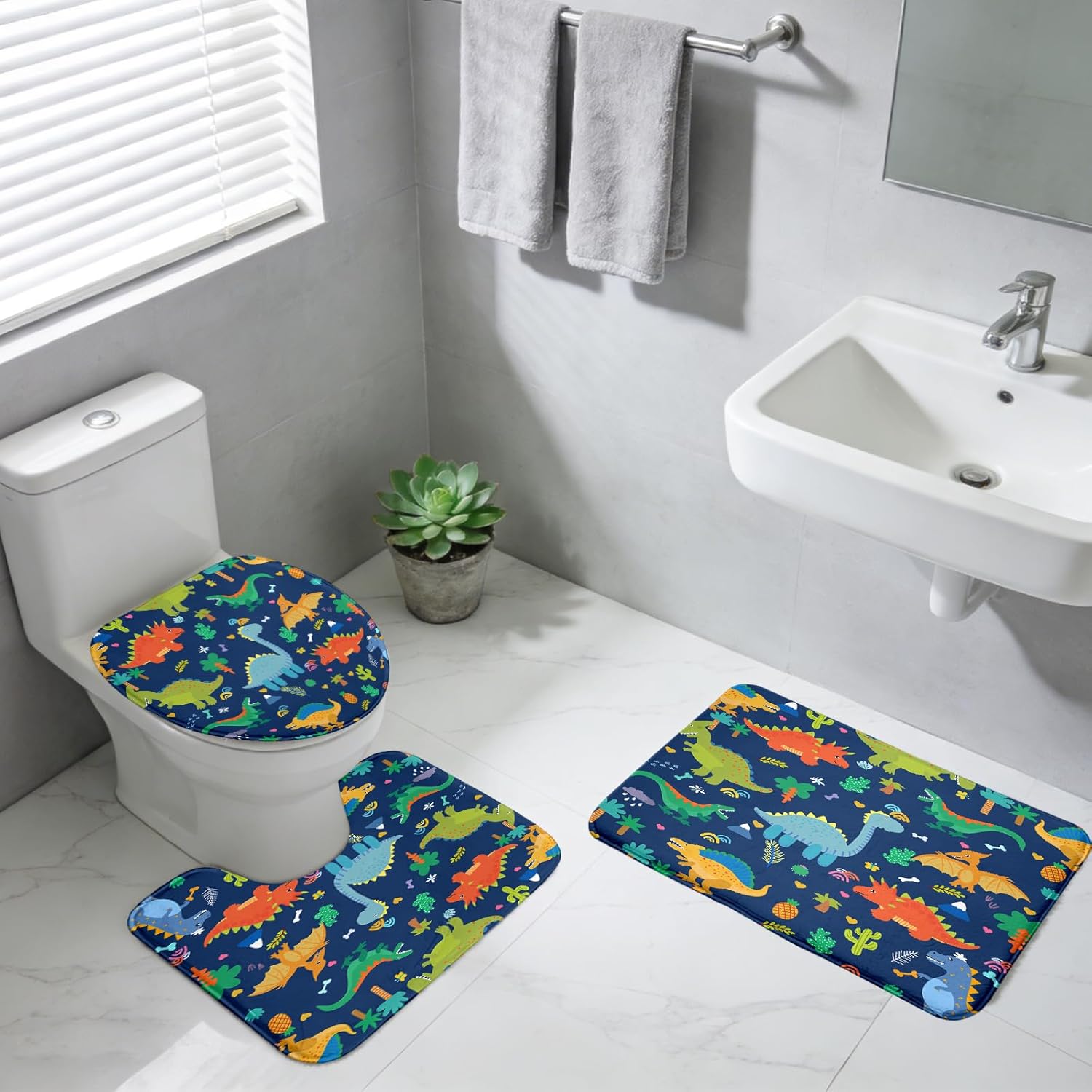 Dinosaur Shower Curtain Set - Cute Cartoon Dinosaur Bathroom Set for Boys 4Pcs Dinosaurs Shower Curtains Blue Dinosaurs Bathroom Sets with Curtain and Rugs, 12 Durable Hooks, 70" x 70"